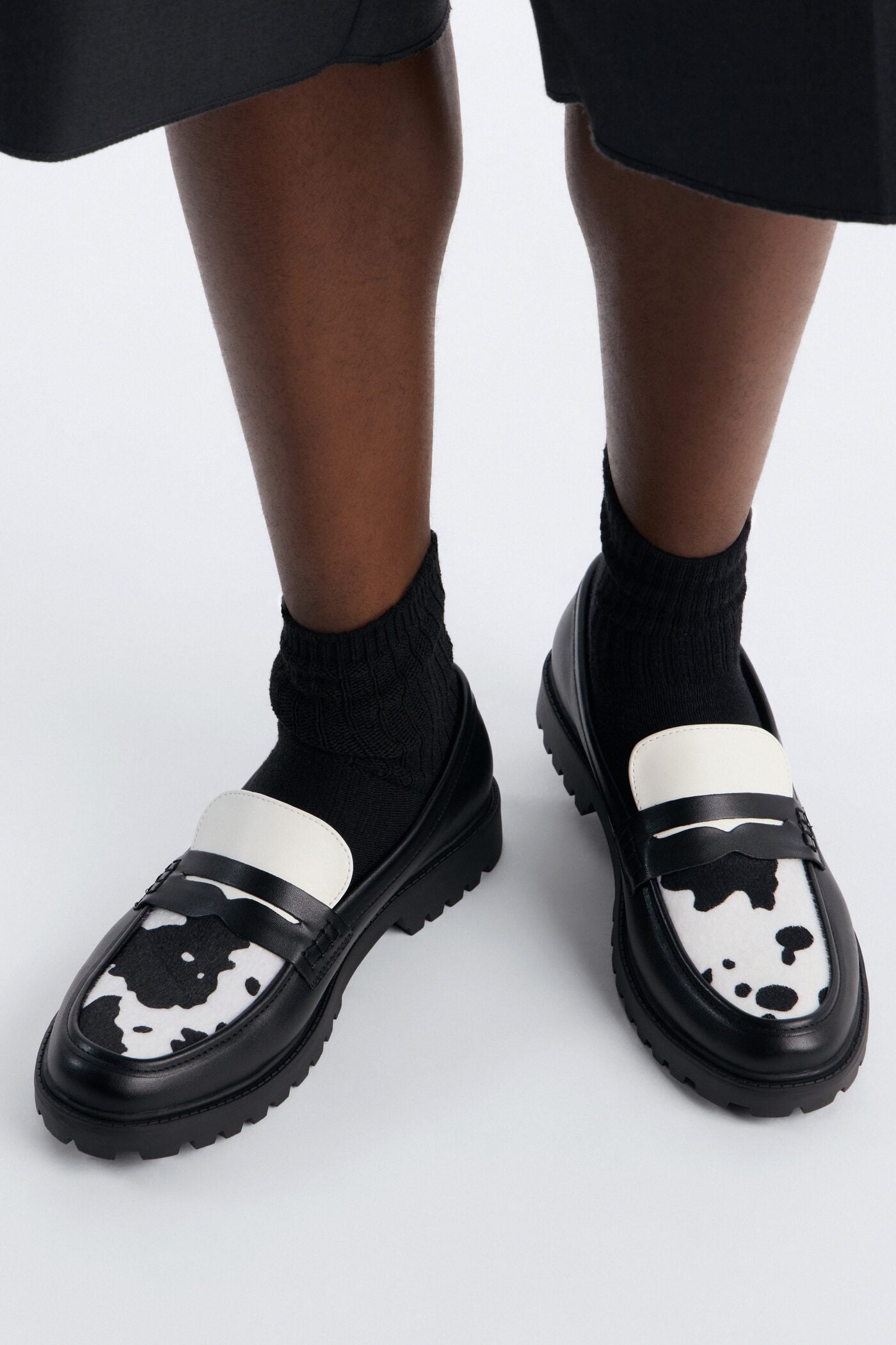 Faux Leather Cow Print Penny Strap Chunky Loafer - Black/White image 1