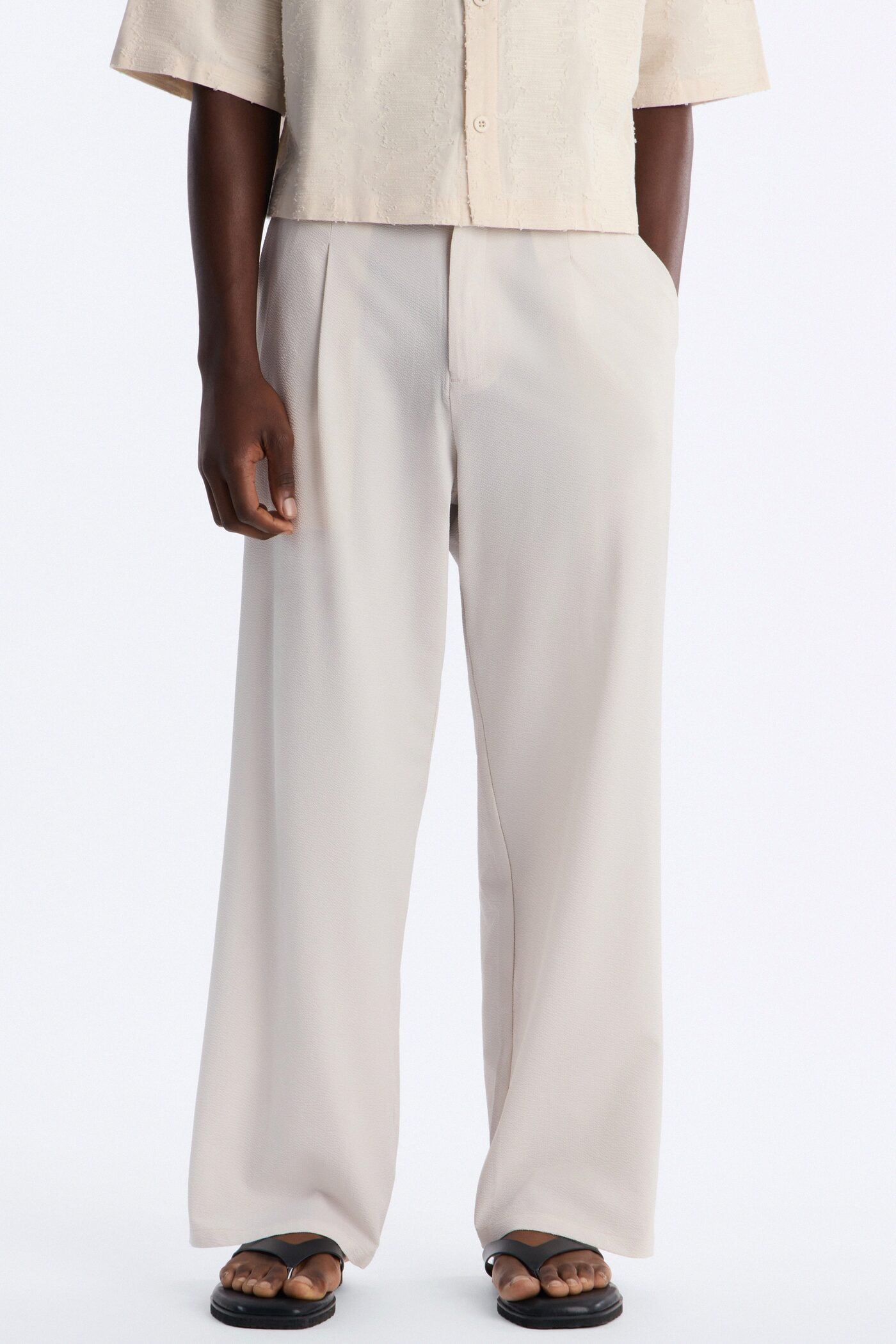 Wide Leg Textured Seersucker Trouser - Tan image 1