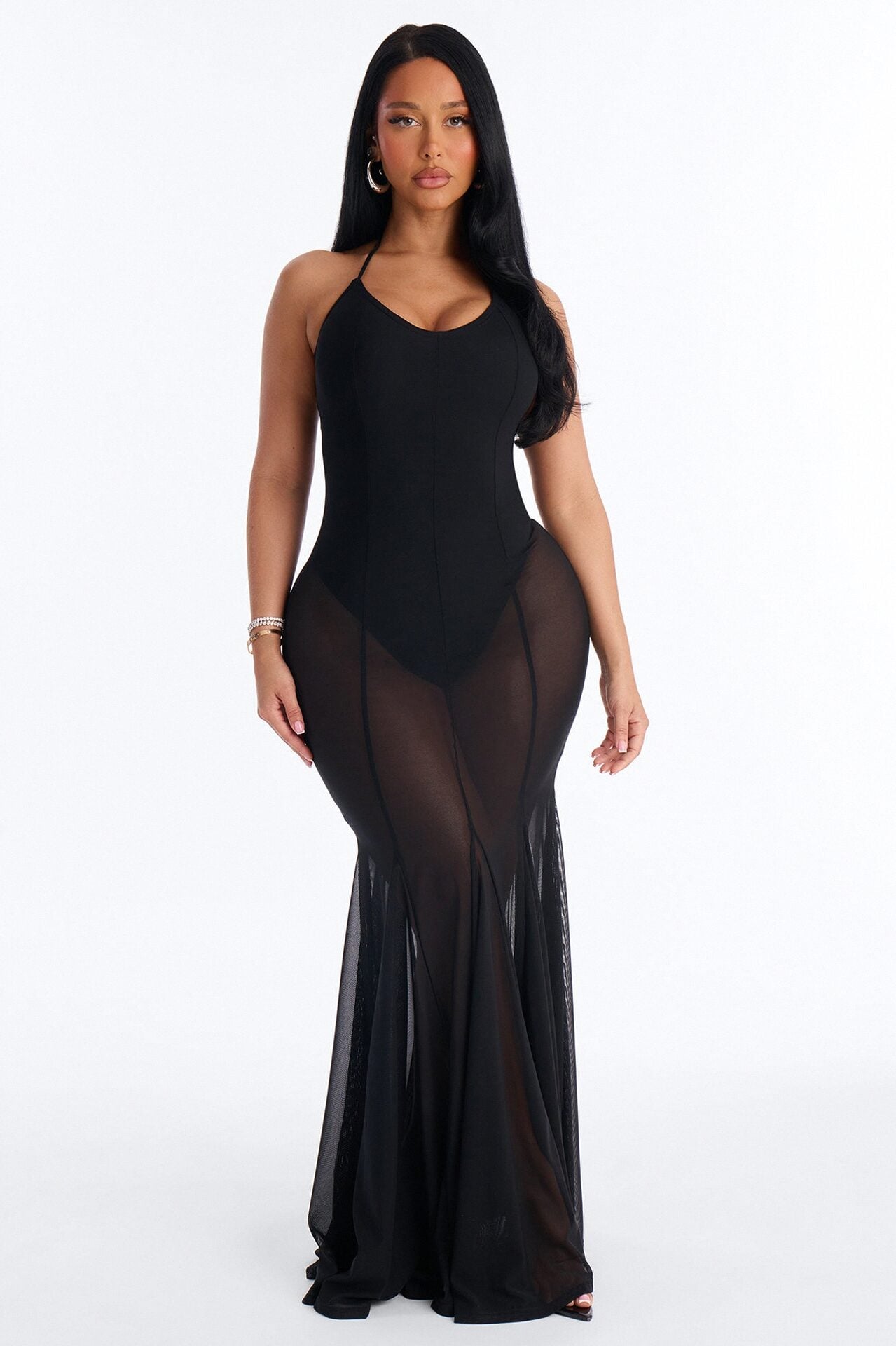 Power Mesh V Neck Halter Maxi Dress - Black image 1
