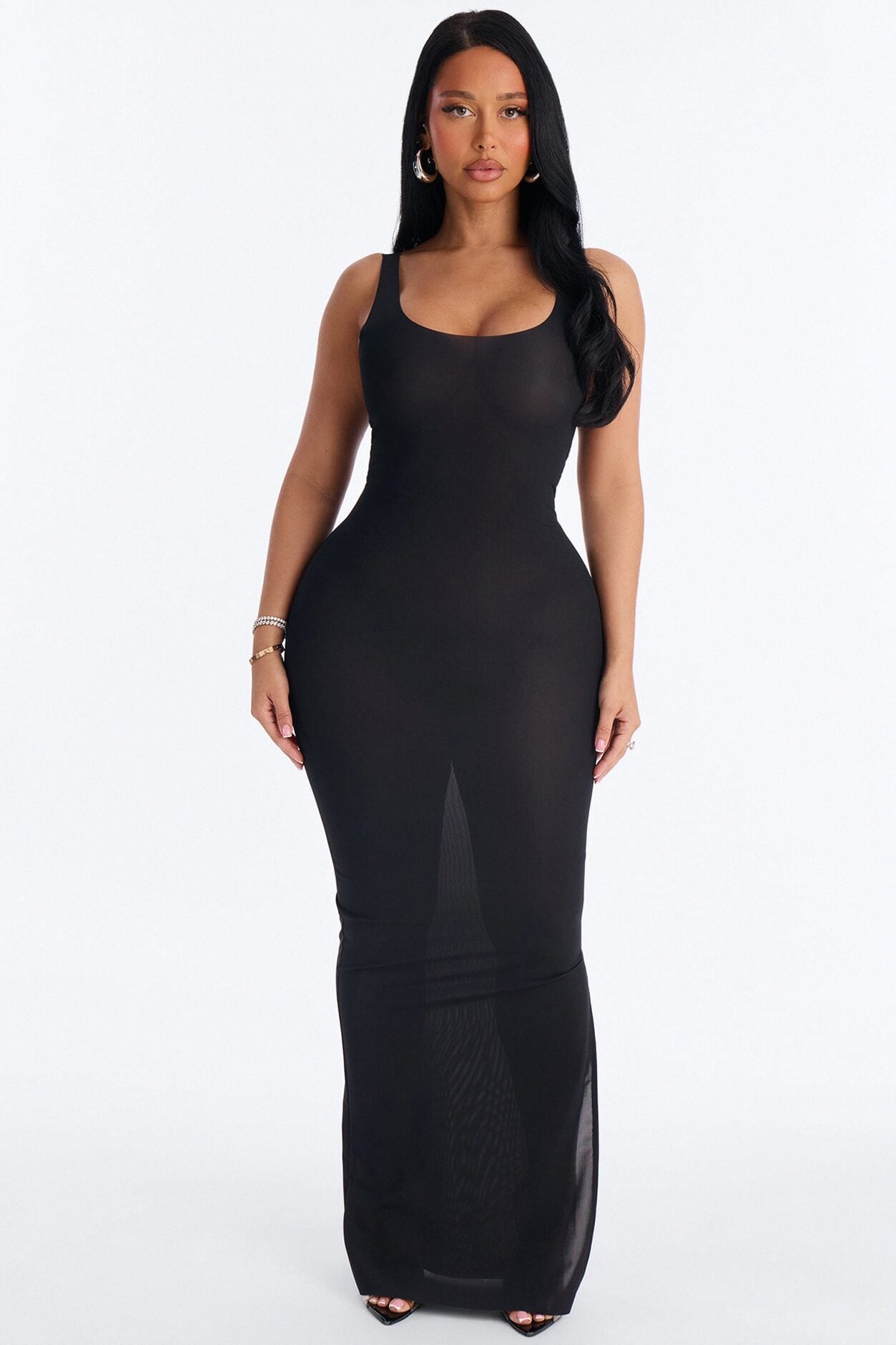 Power Mesh Low Scoop Back Sleeveless Maxi Dress - Black image 1