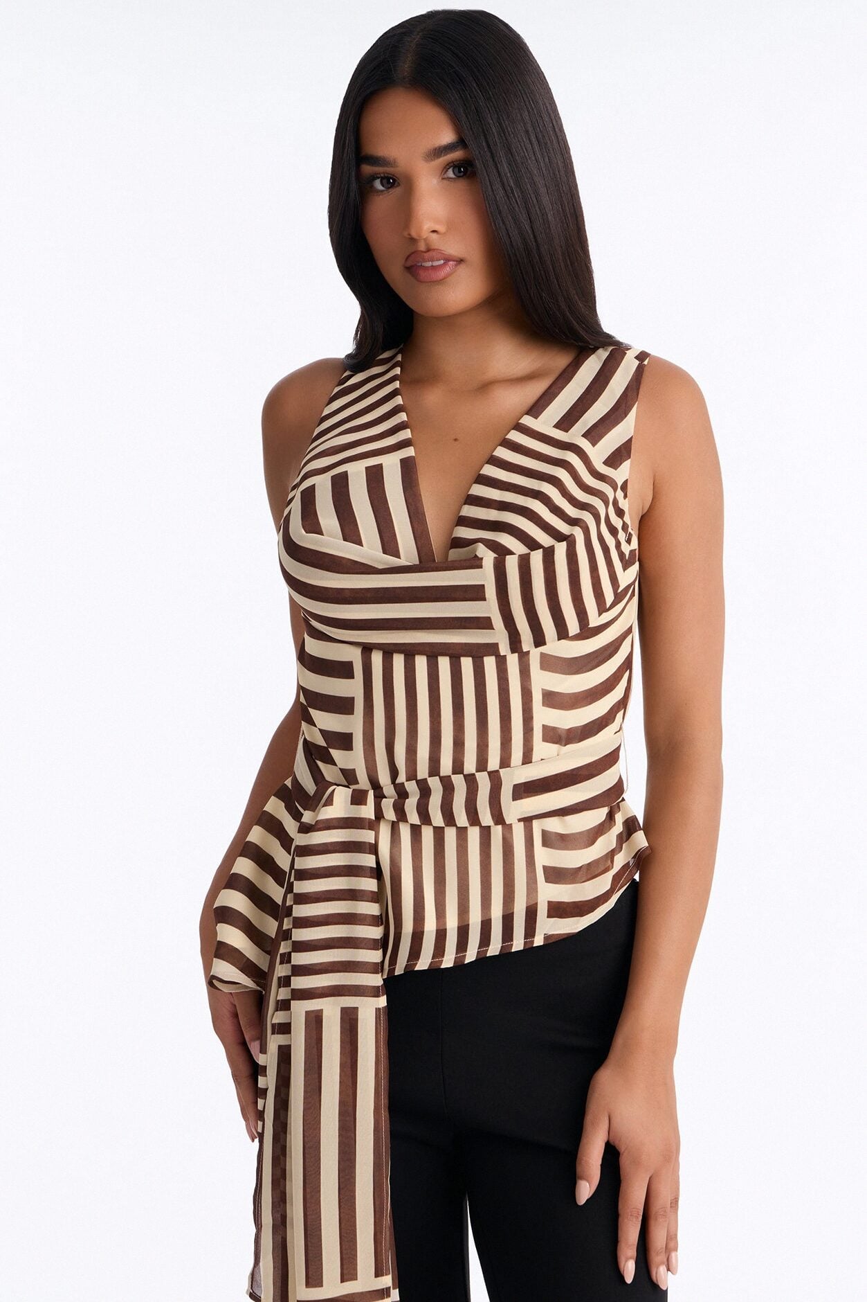 Calliope Tie Waist Striped Chiffon Blouse - Brown/combo image 1