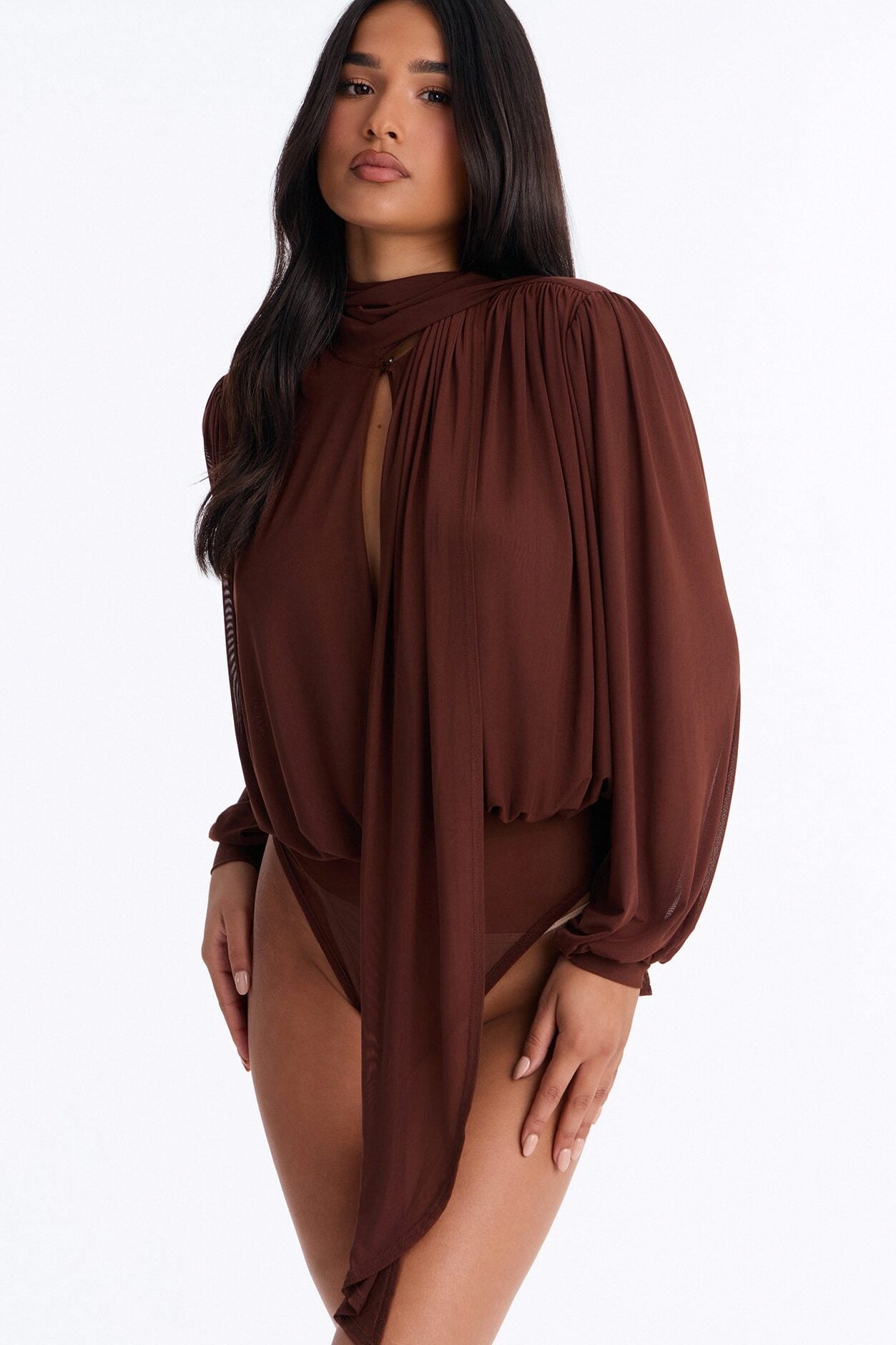 Melinna Mesh Scarf Long Sleeve Bodysuit - Chocolate image 1