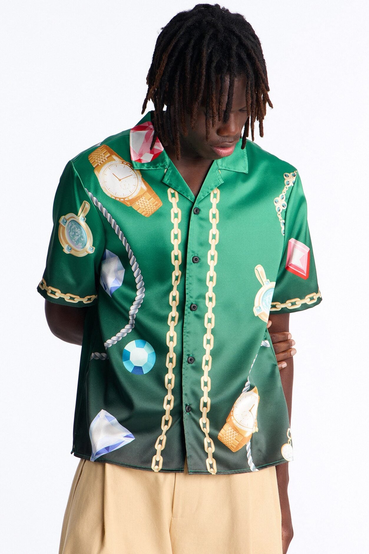 Relaxed Imperial Luxe Jewel Printed Cuban Collar Button Up Shirt - Green/combo image 1