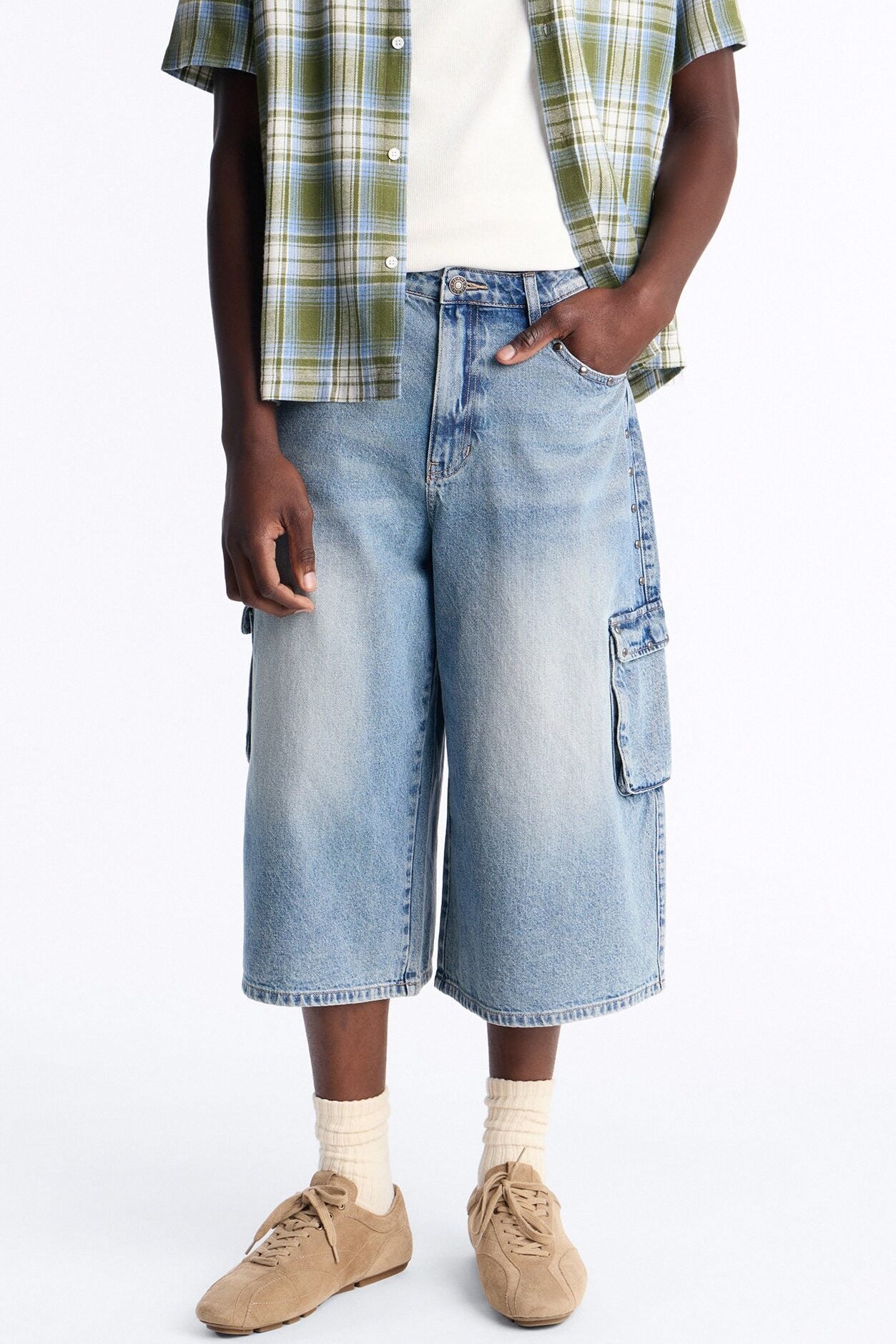 Super Baggy Studded Cargo Denim Short - Medium Blue Wash image 1
