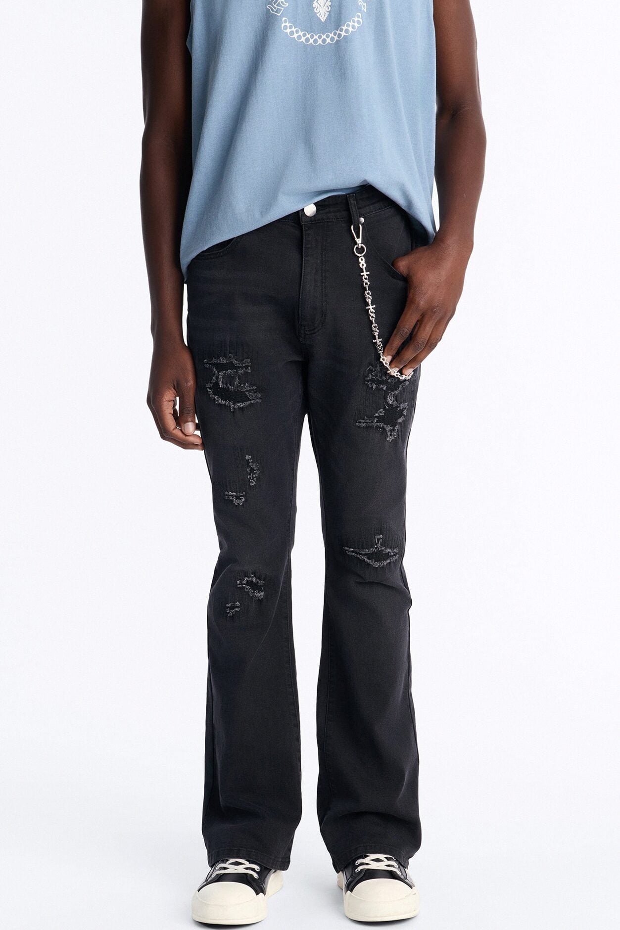 Stacked Skinny Flare Etched Distress Jeans - Black Wash image 1