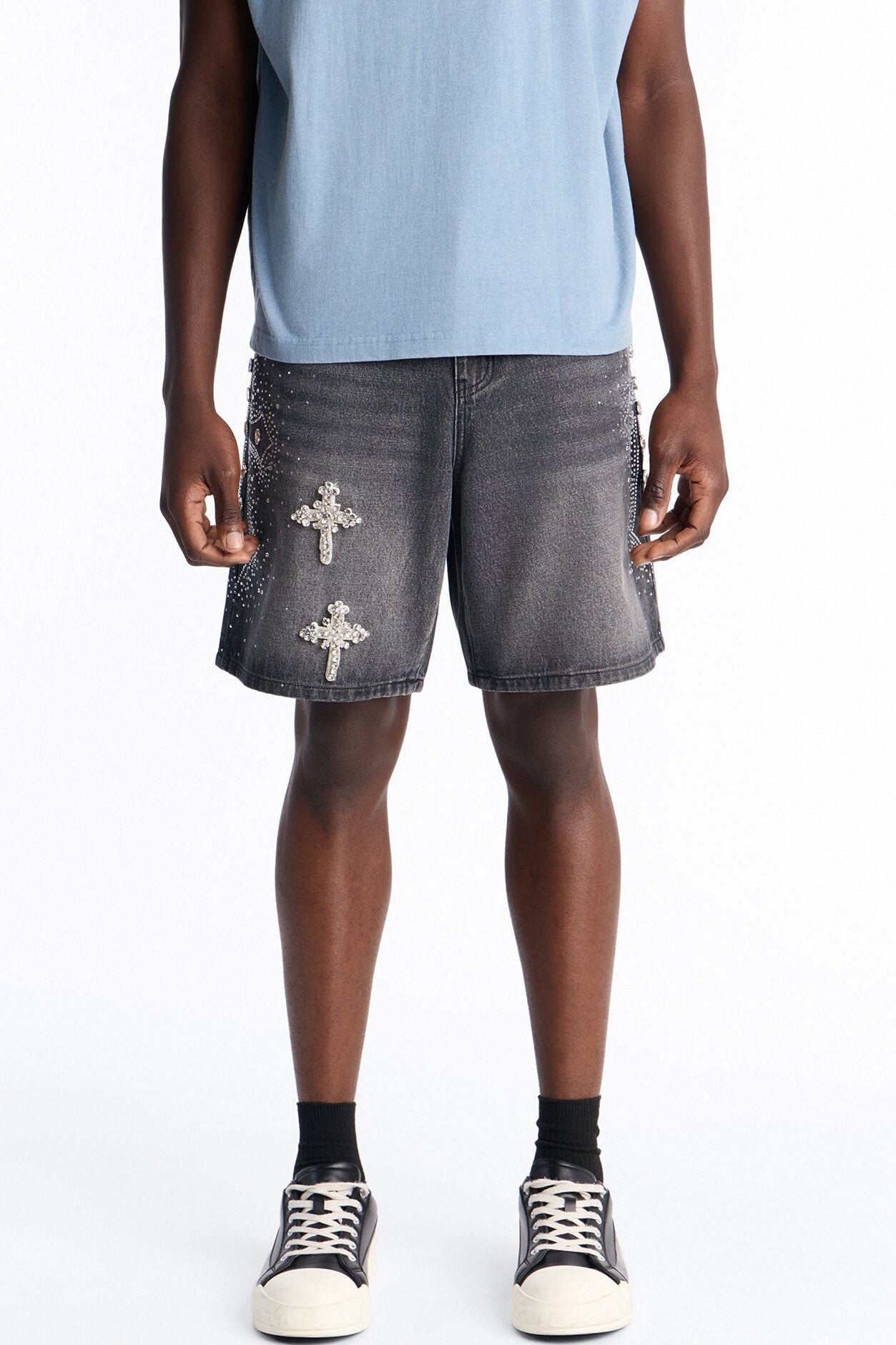 Relaxed Divine Jeweled Cross Denim Short - Black Wash image 1