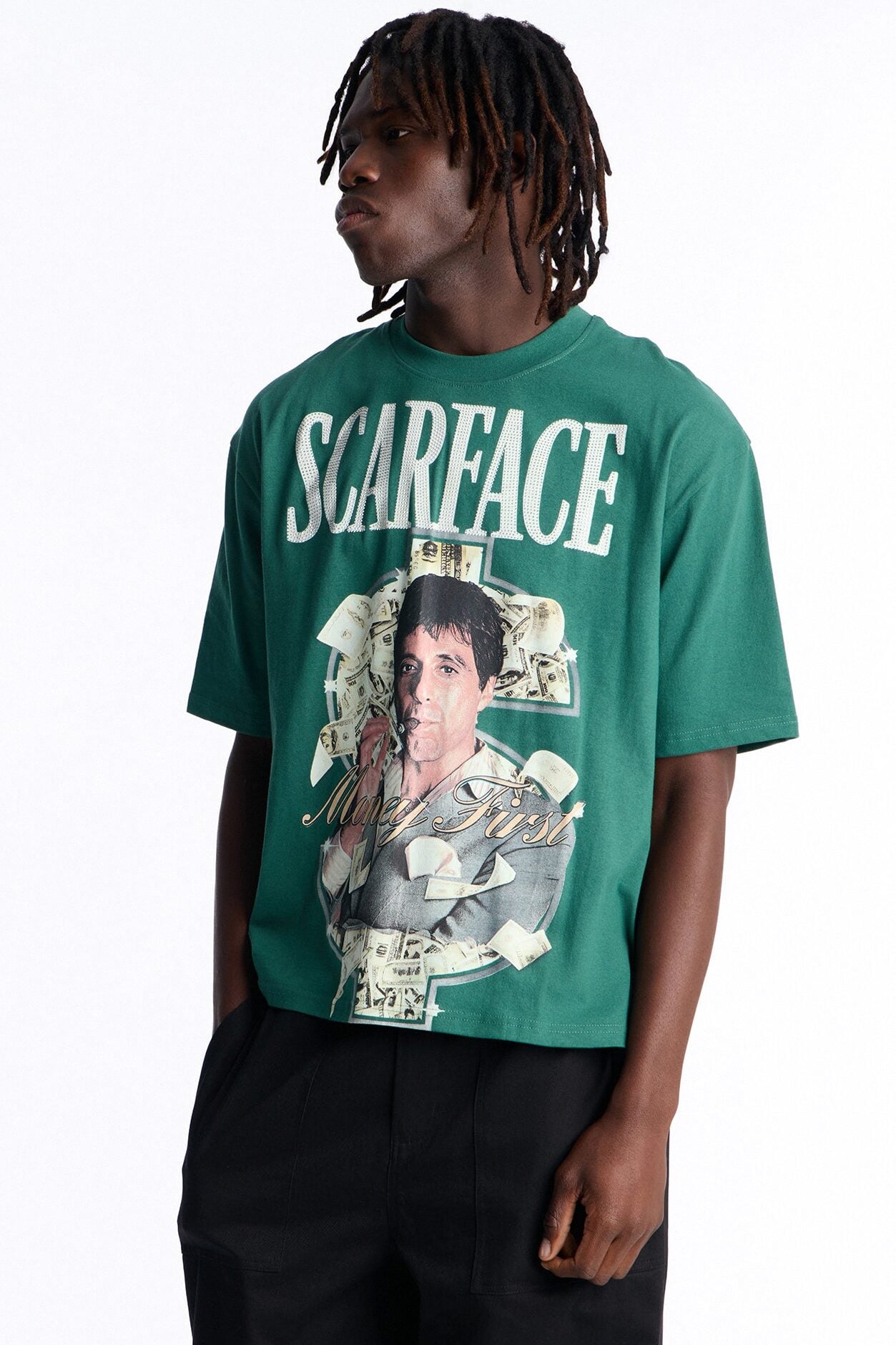 Heavy Weight Scarface Money First Rhinestones Oversized Short Sleeve Tee - Hunter Green image 1
