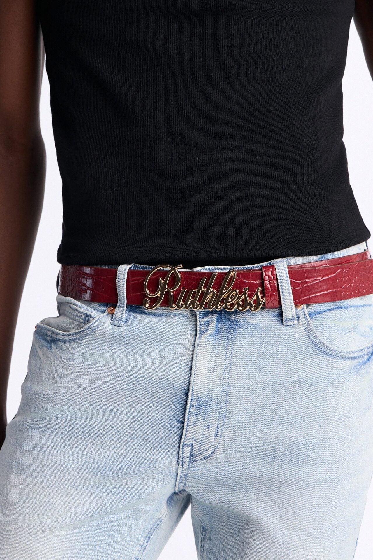 Ruthless Embossed Script Buckle Belt - Gold/Red image 1