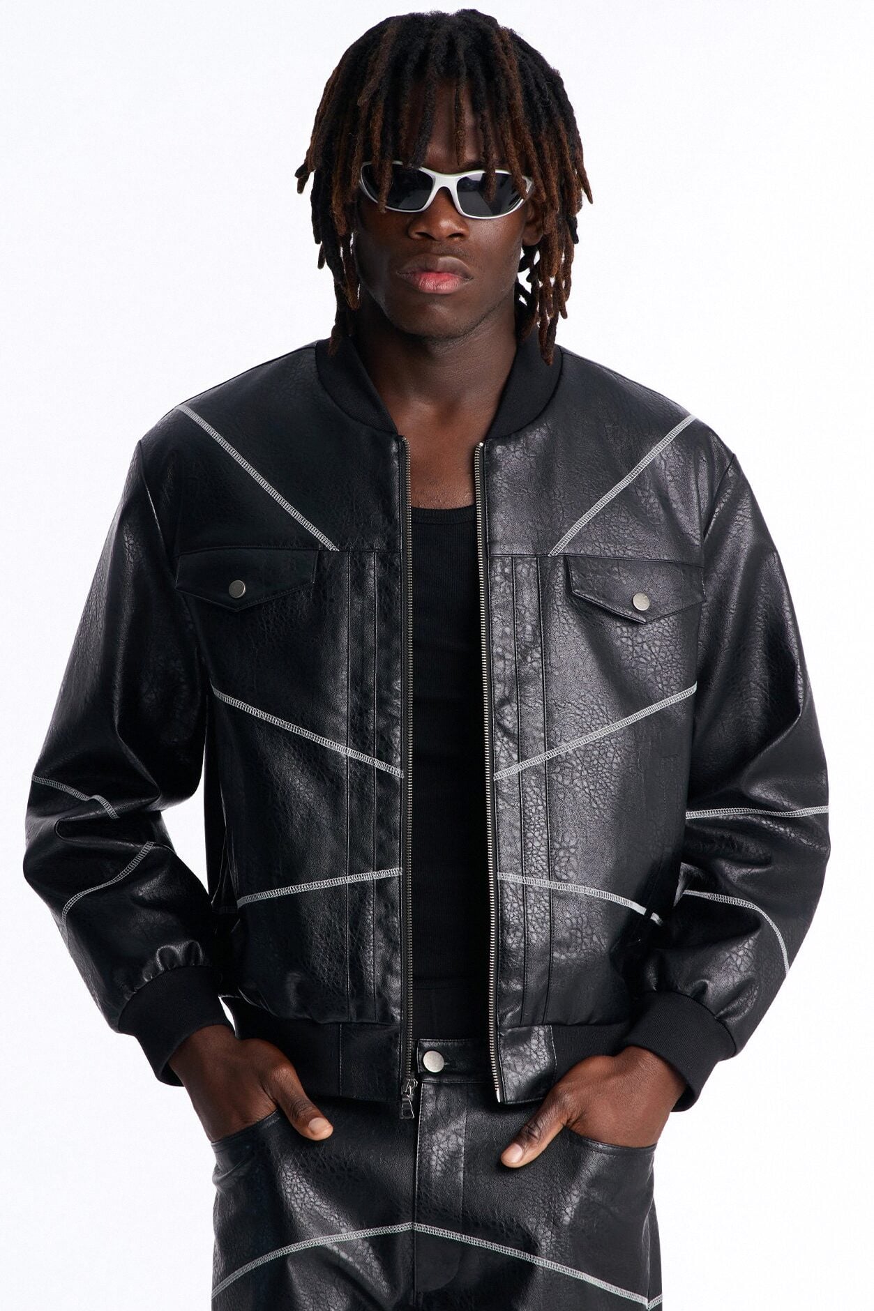 Vintage Chainstitch Faux Leather Bomber Jacket - Black image 1