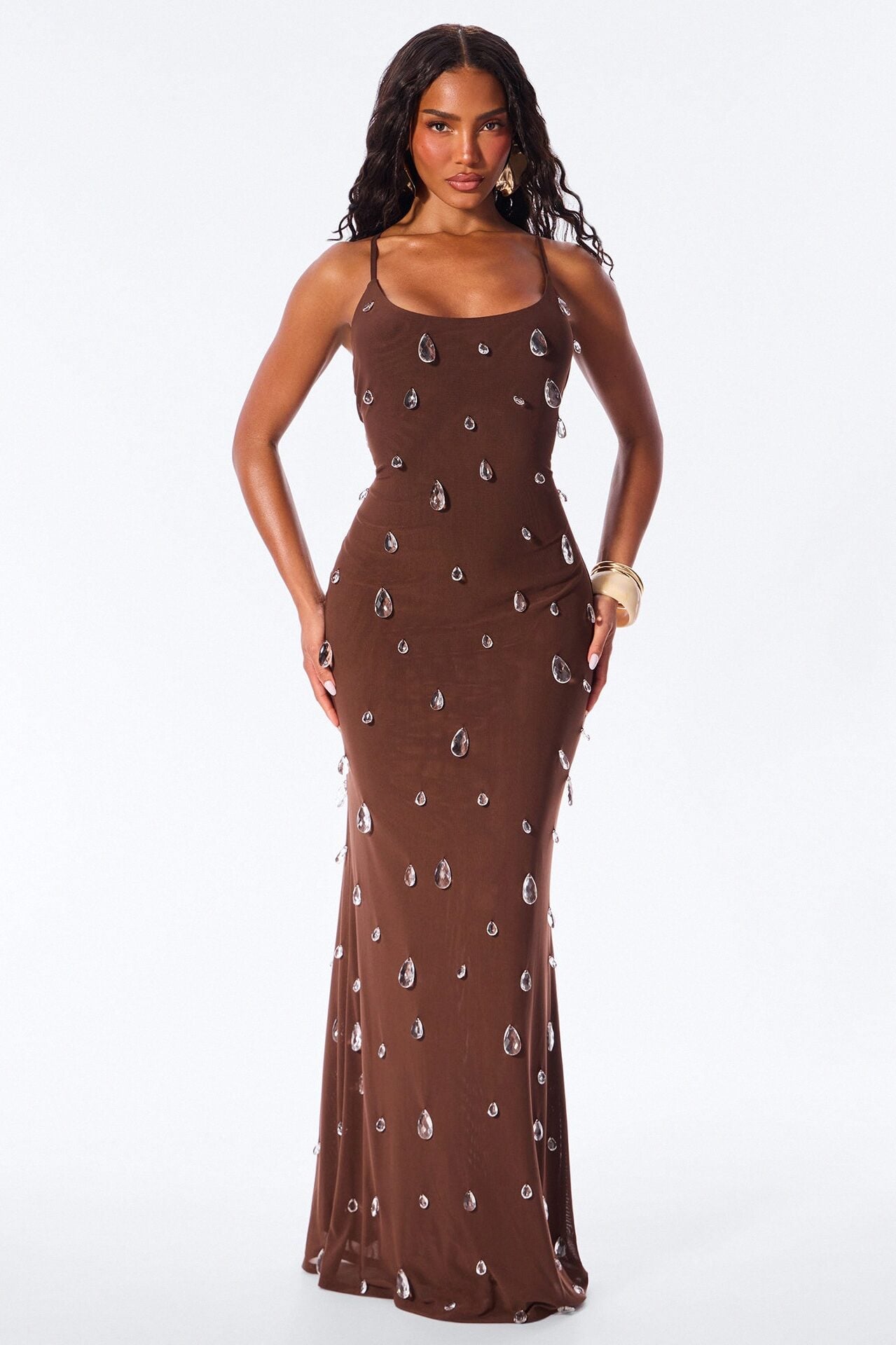 Spotlight Raindrop Bead Mesh Maxi Dress - Chocolate image 1