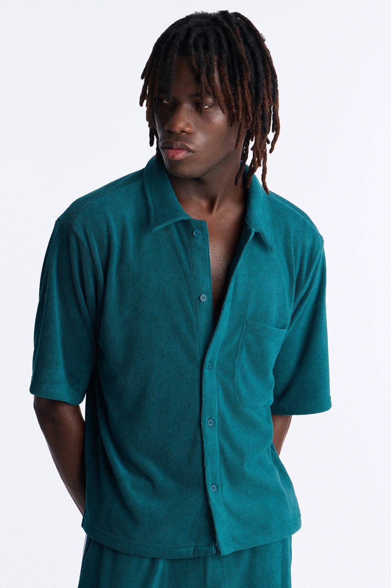 Classic Terry Cloth Button Up Shirt - Teal image 1