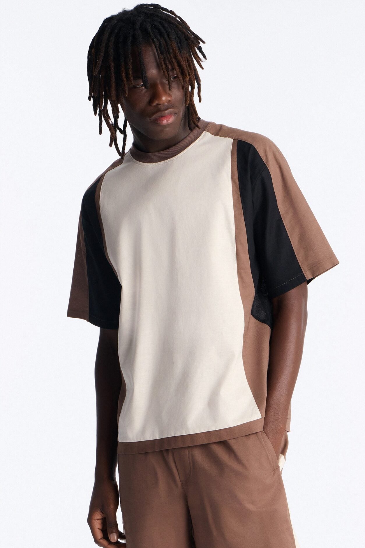 Basic Color Block Short Sleeve Tee - Brown/combo image 1
