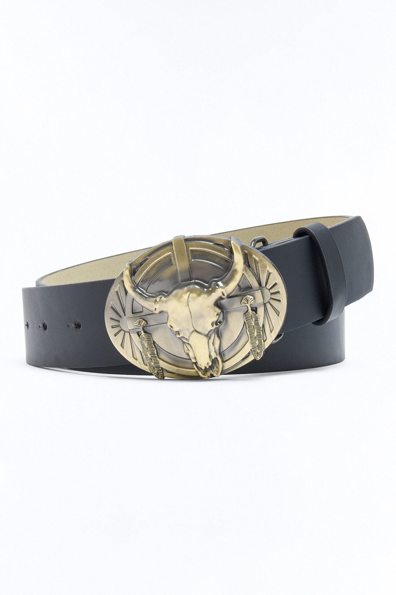 Into The Wild West Bull Buckle Faux Leather Belt - Black image 1
