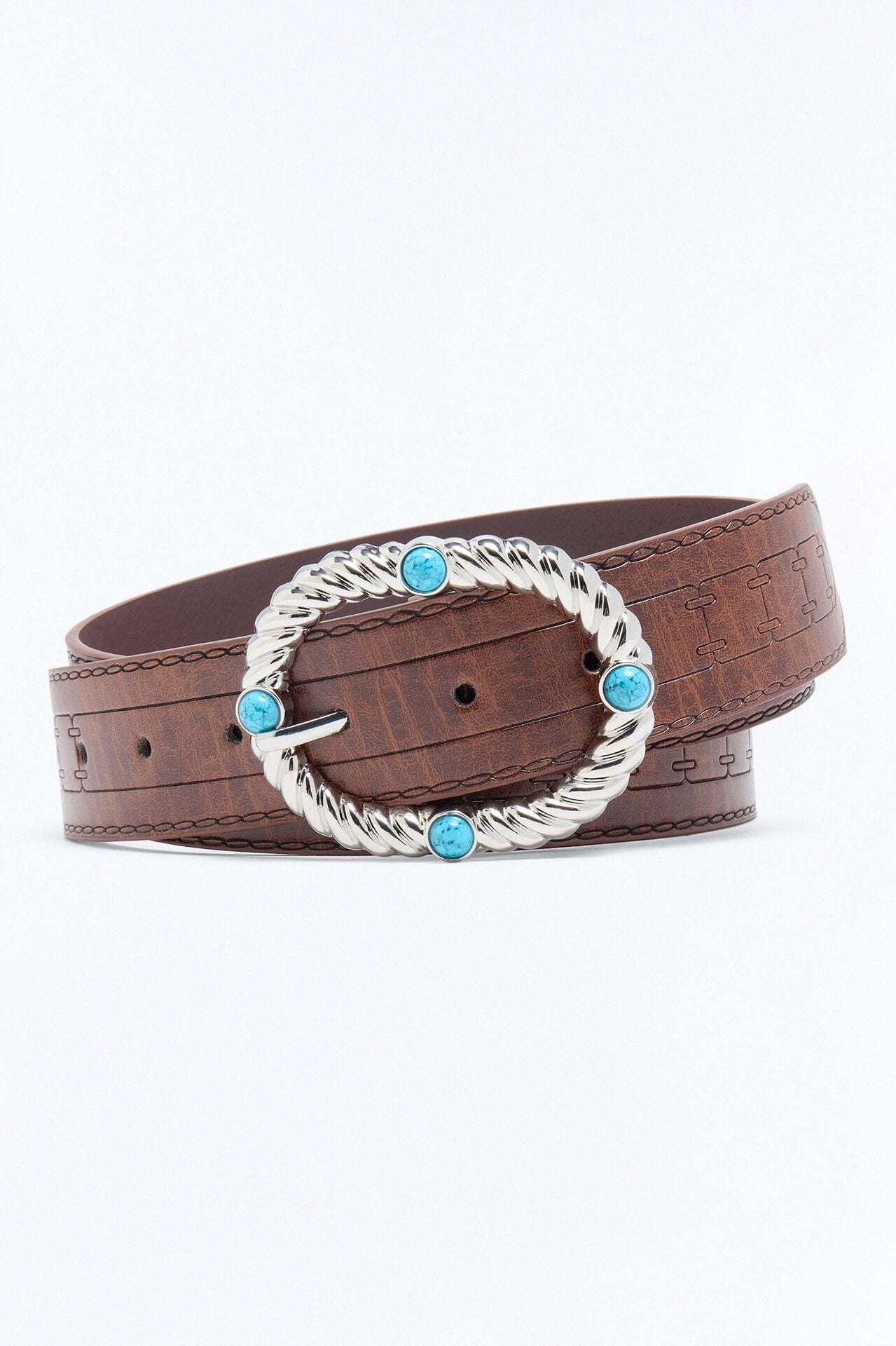 Western Lapis Embossed Faux Leather Belt - Brown image 1