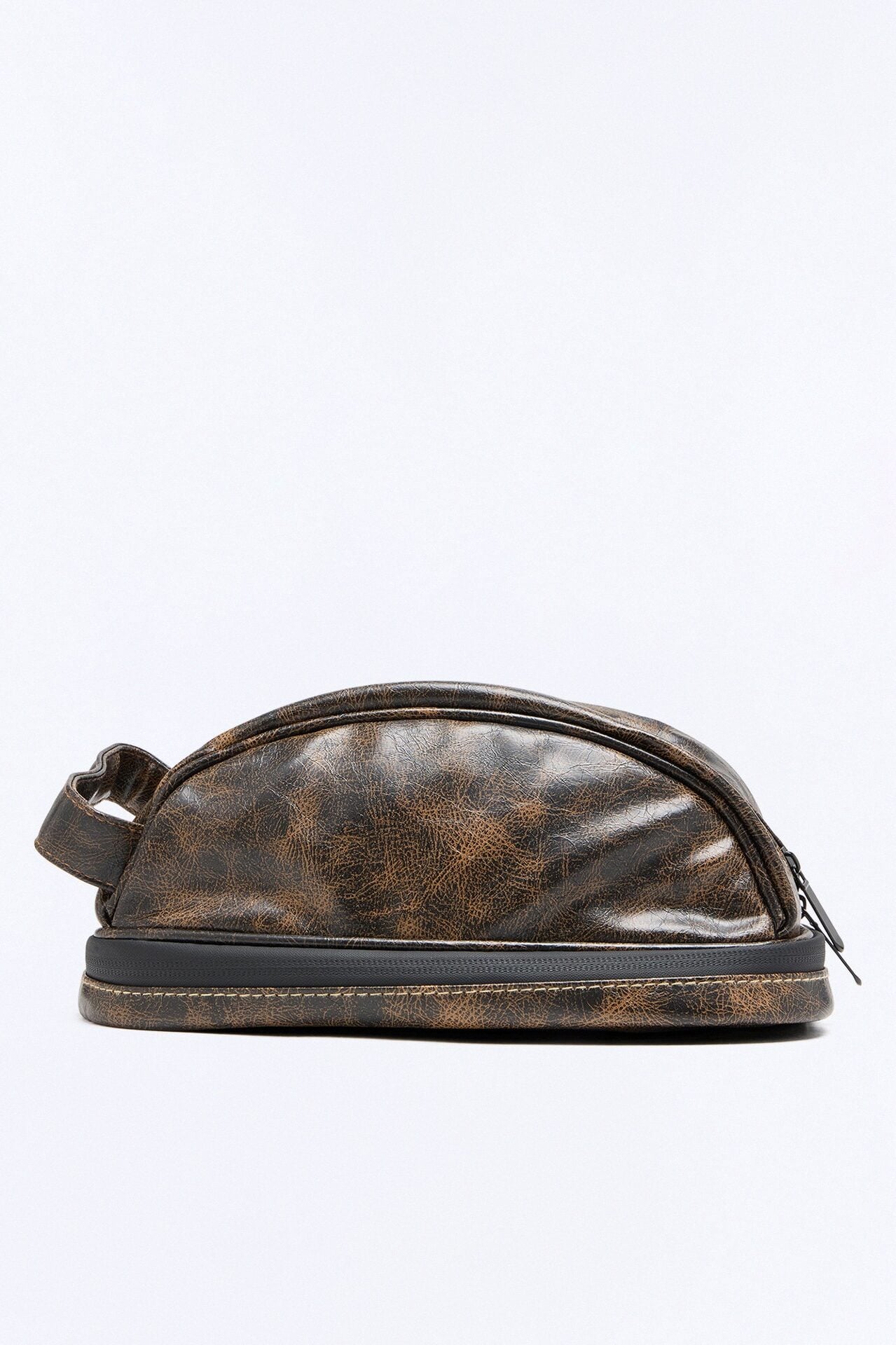 Faux Leather Washed Side Handle Travel Toiletry Bag - Brown image 1