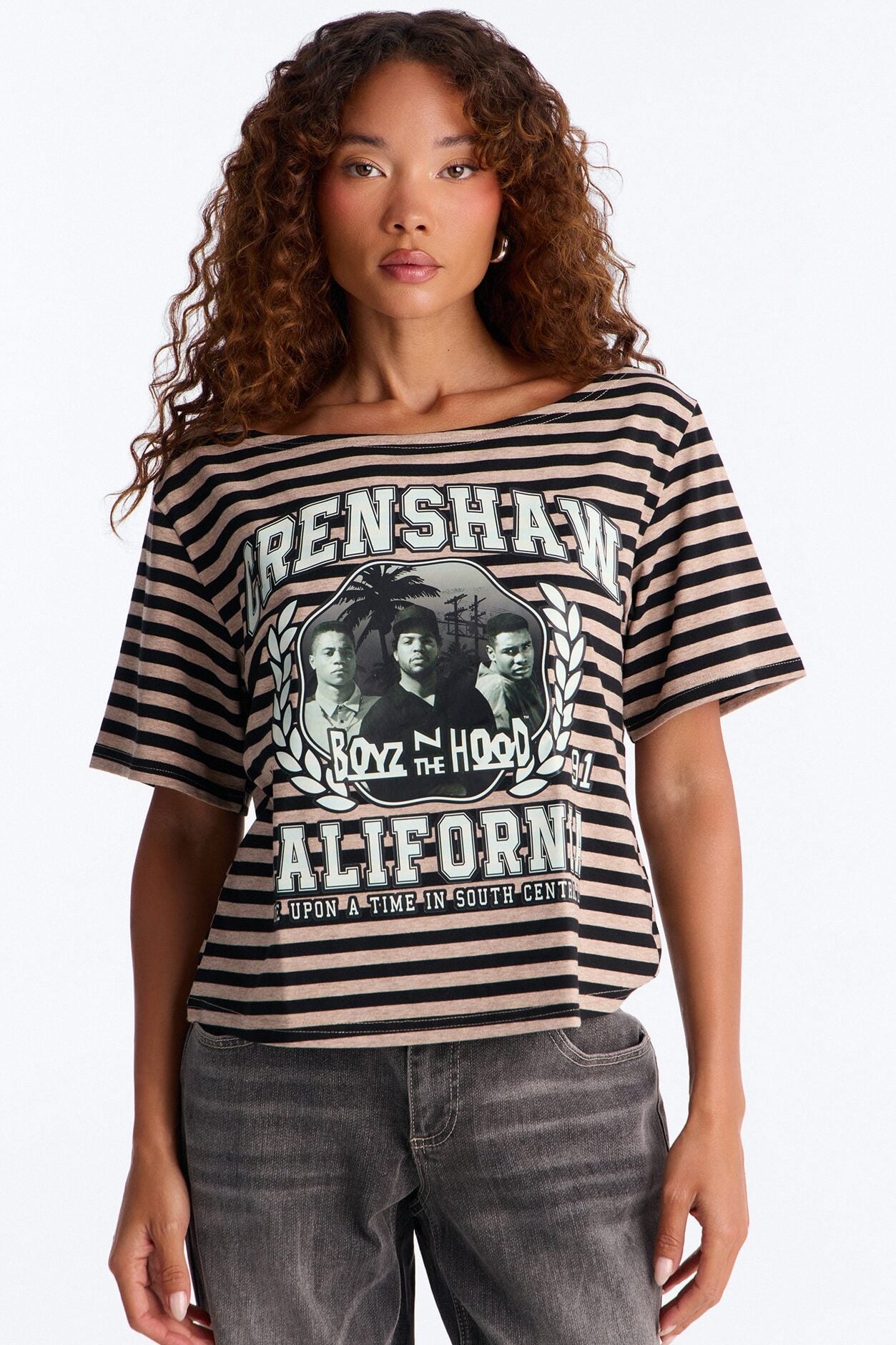 Boyz N The Hood Stripe Off Shoulder Crop Tee - Black image 1