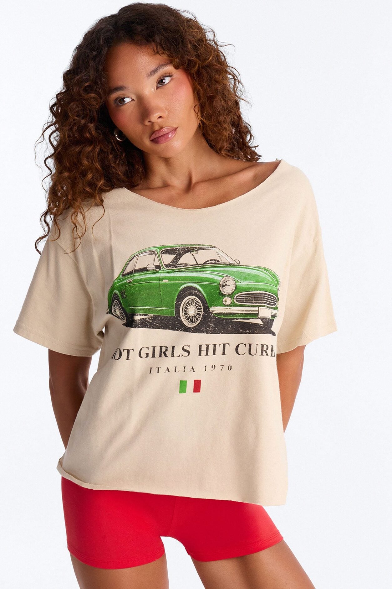 Hot Girls Hit Curbs Off Shoulder Tee - Taupe image 1