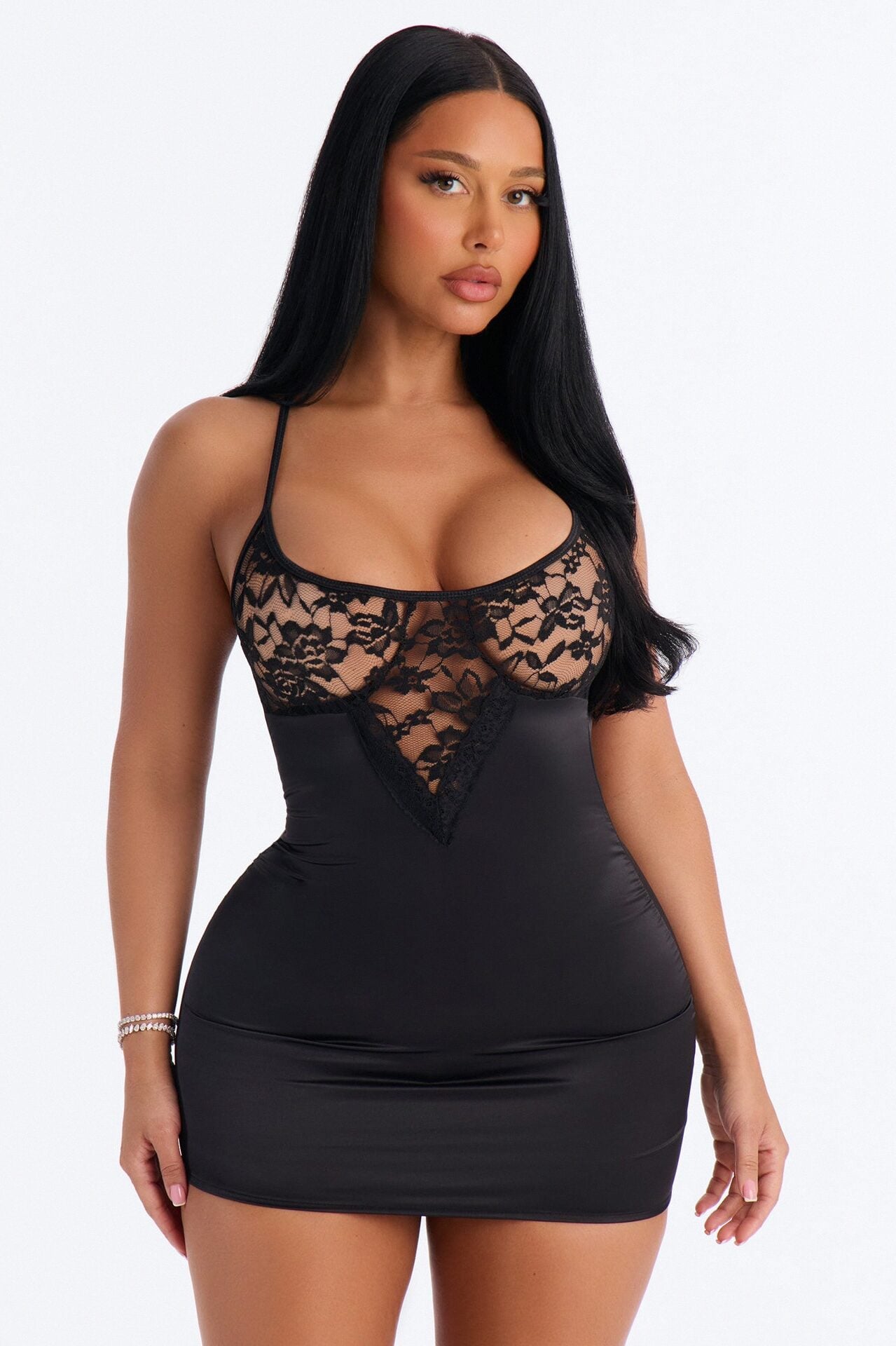 Melina Satin Lace Chemise - Black image 1