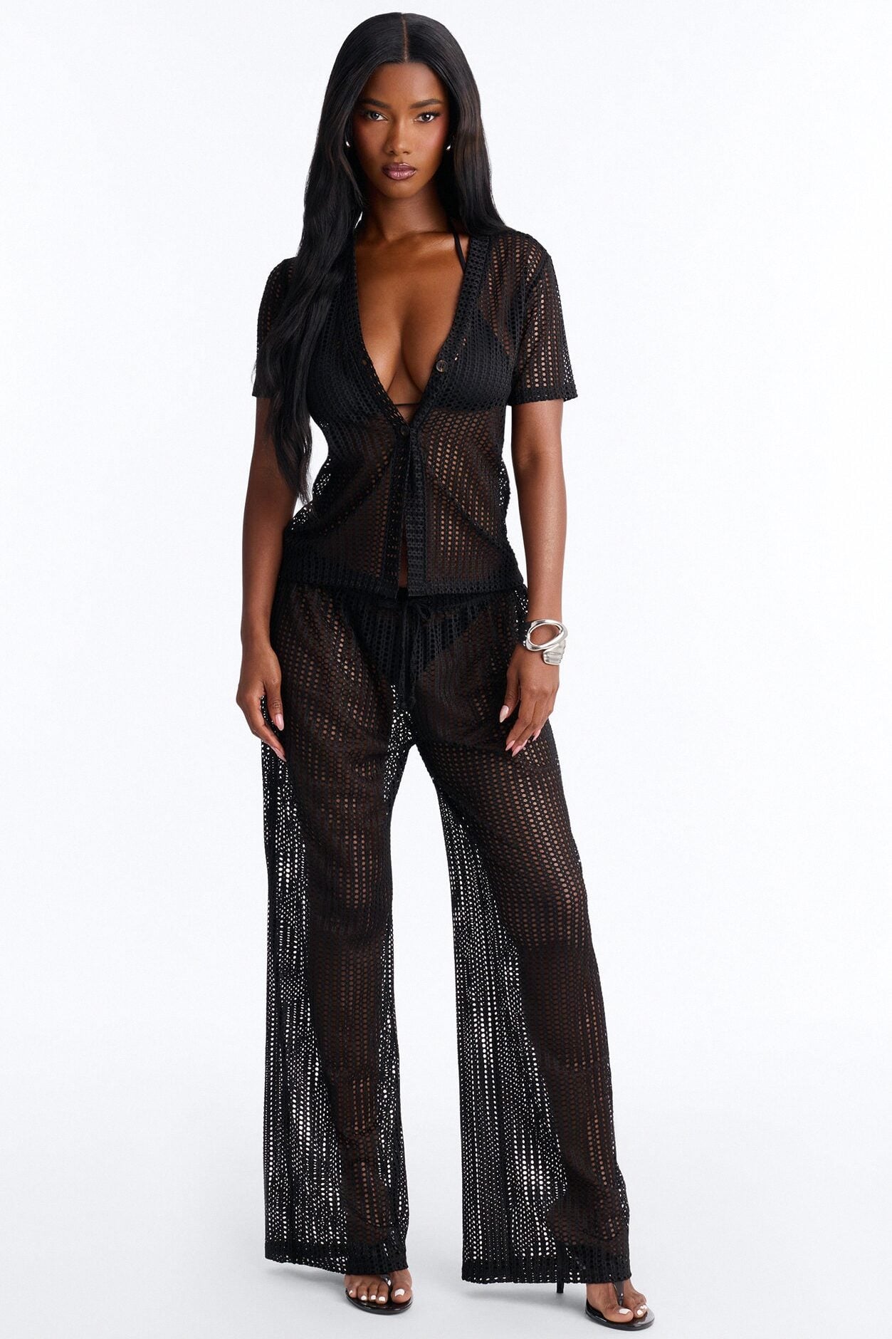 Island Breeze Crochet Fishnet Cover Up Pants Set - Black image 1