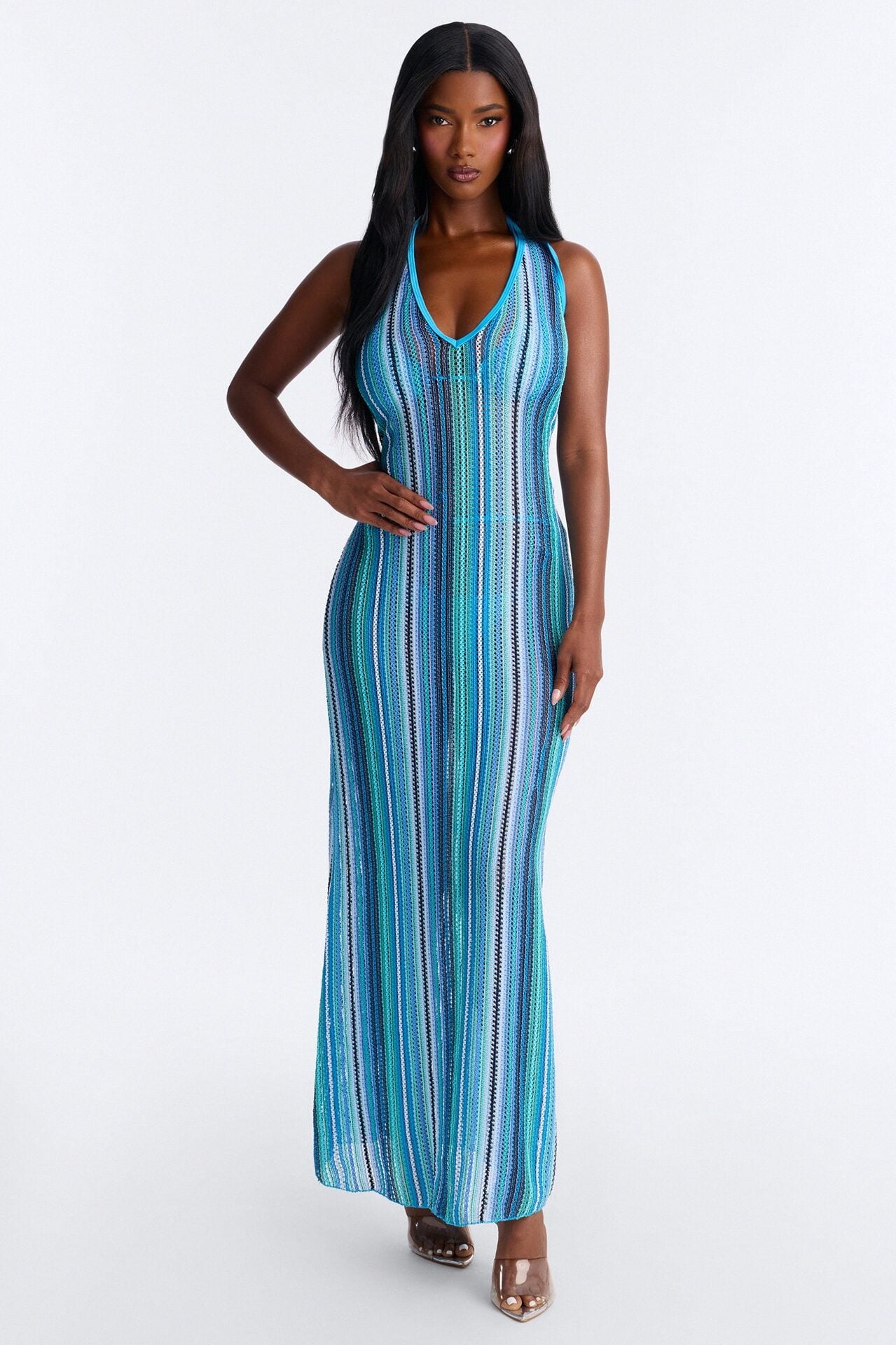 Kensington 3 Piece Striped Triangle Bikini & Cover Up Halter Maxi Dress Sunsuit - Blue/combo image 1