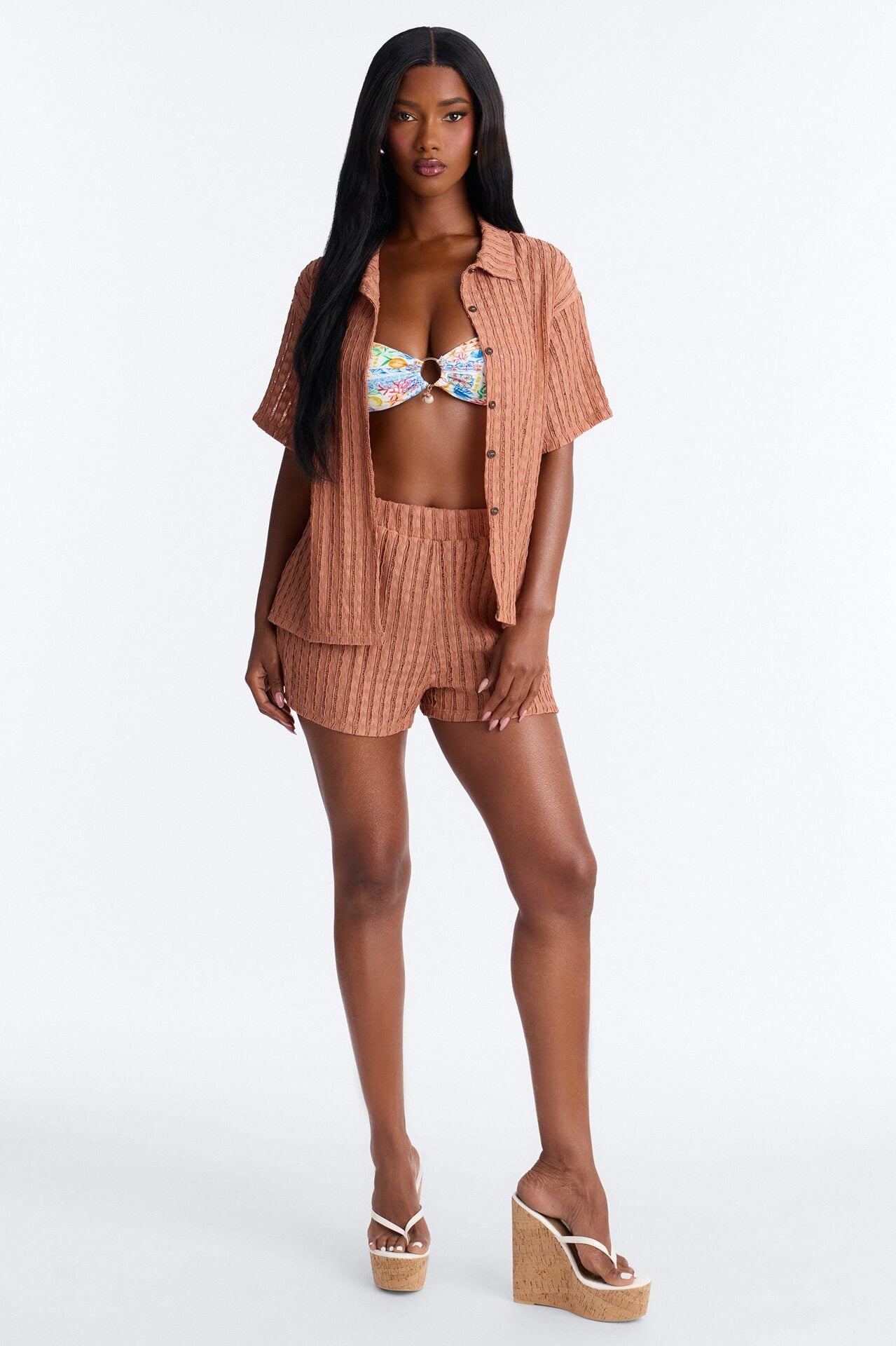Seaside Vacation Button Up Cover Up Shorts Set - Mocha image 1
