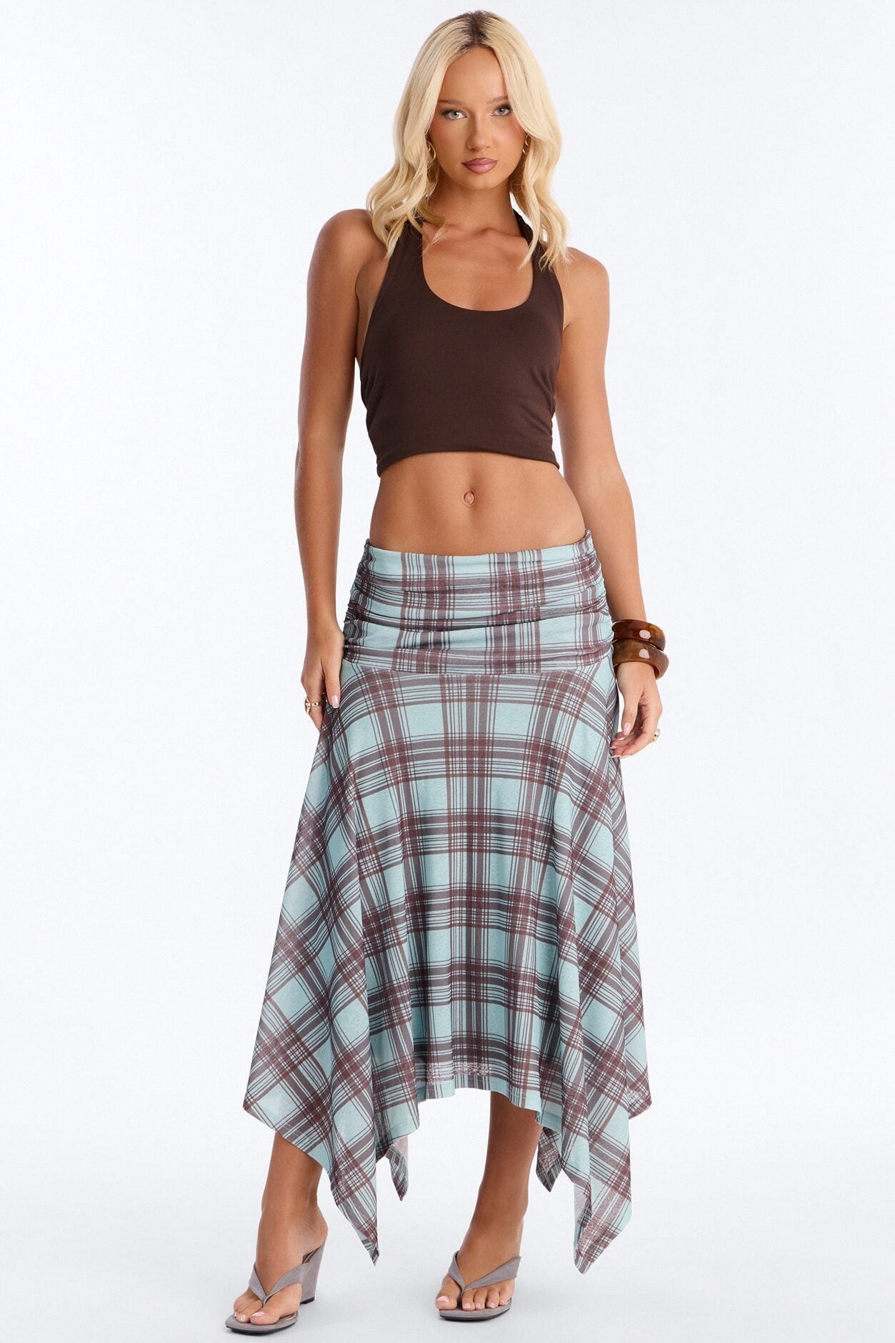 Delilah Asymmetrical Plaid Midi Skirt - Blue/combo image 1
