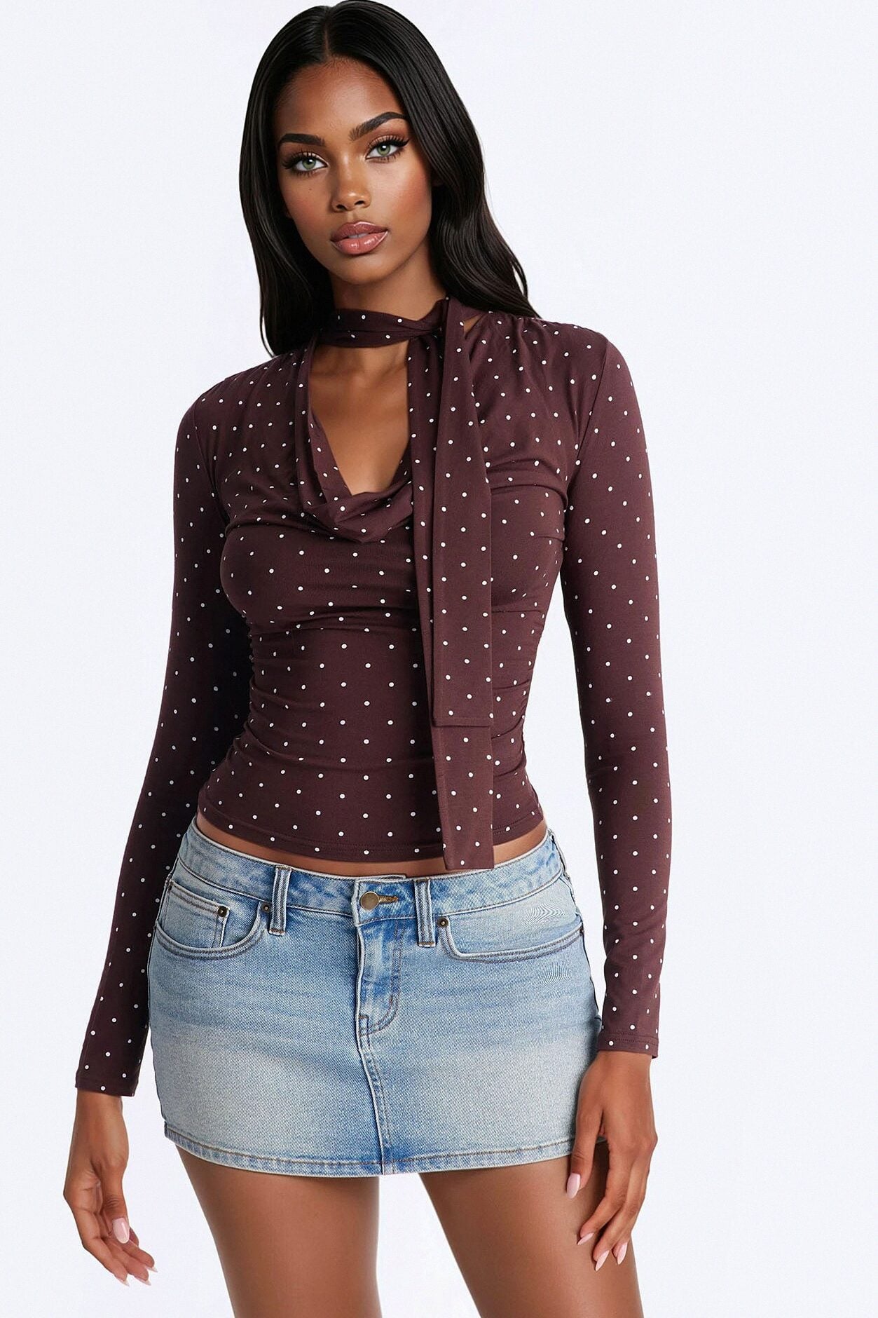 Aria Polka Dot Long Sleeve Top - Brown/combo image 1