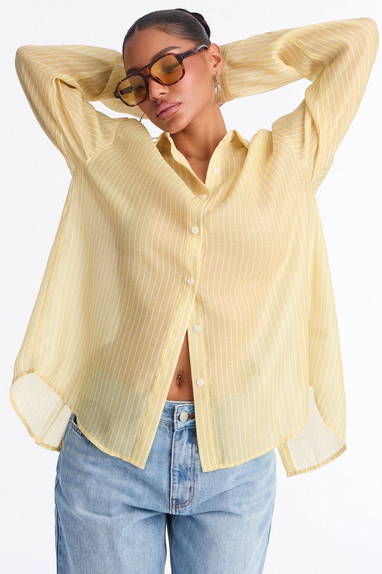 Cute Chaos Pinstripe Sheer Shirt - Butter Yellow image 1