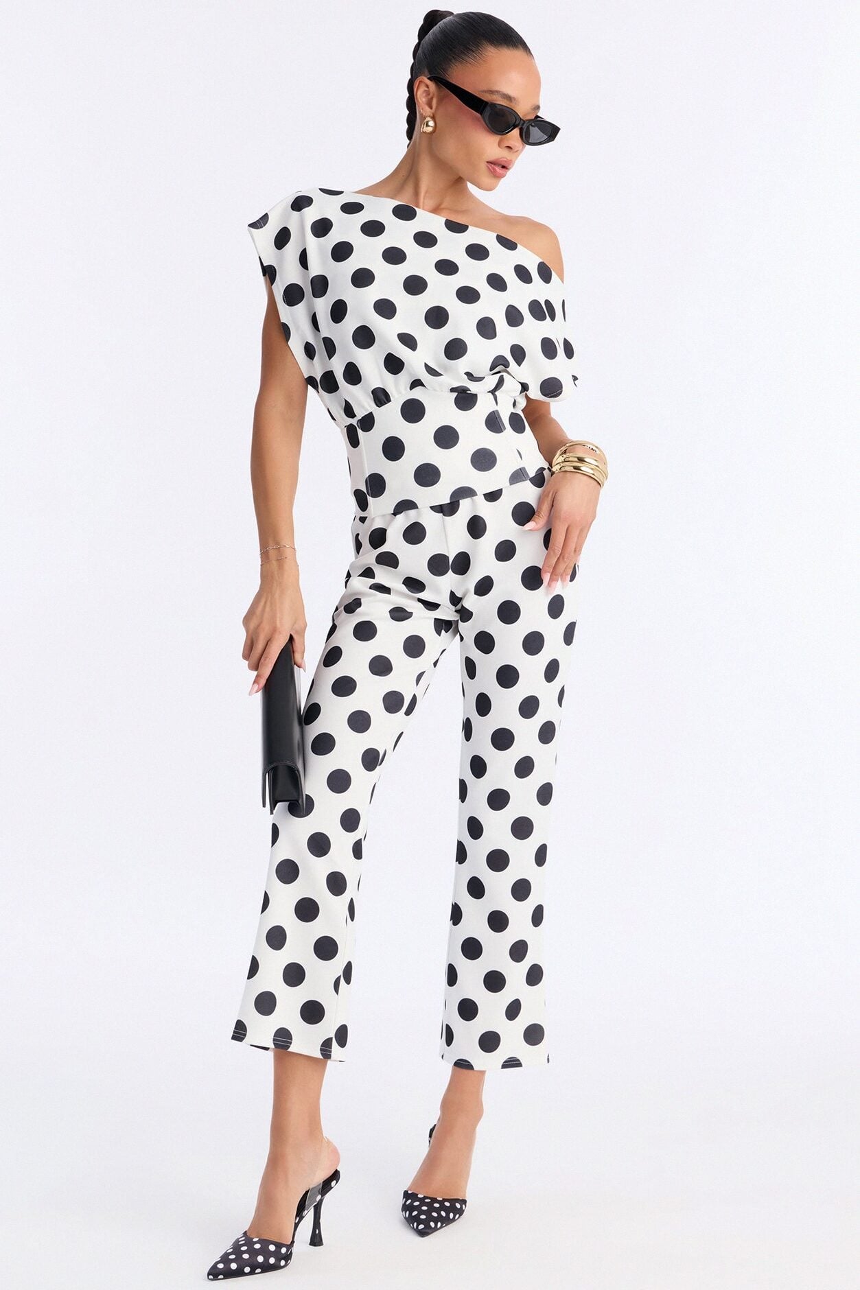Lily Polka Dot Off Shoulder Pant Set - White/Black image 1