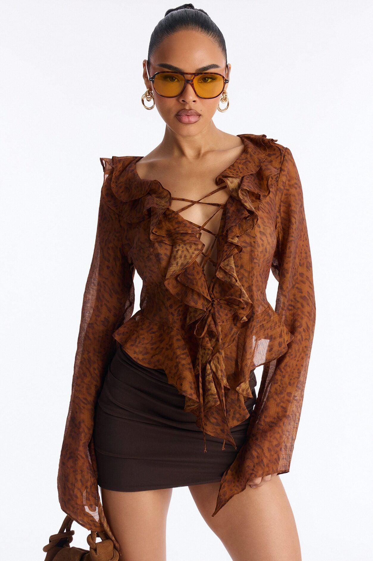 Brittney Chiffon Lace Up Long Sleeve Blouse - Brown/combo image 1