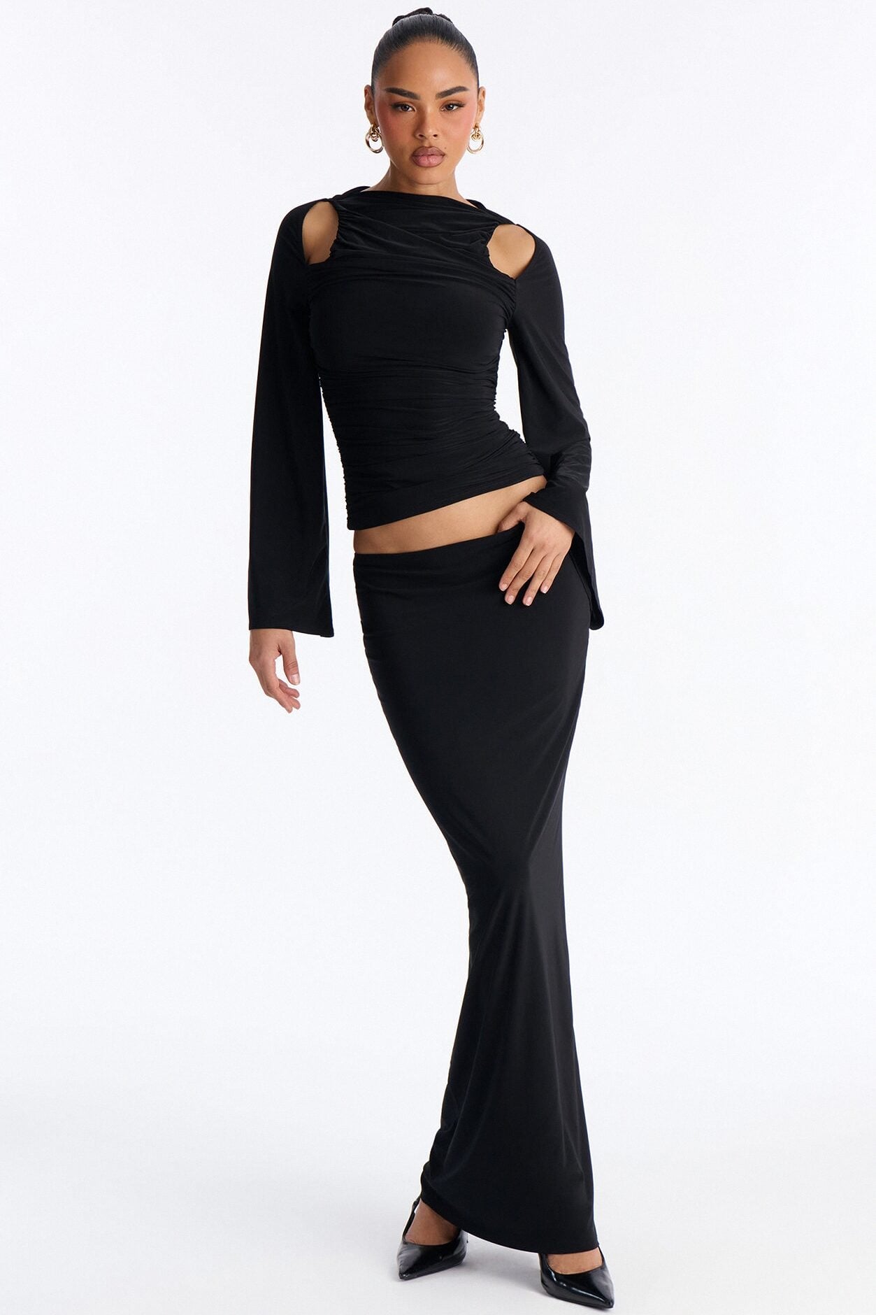 Carlita Ruched High Neck Maxi Skirt Set - Black image 1
