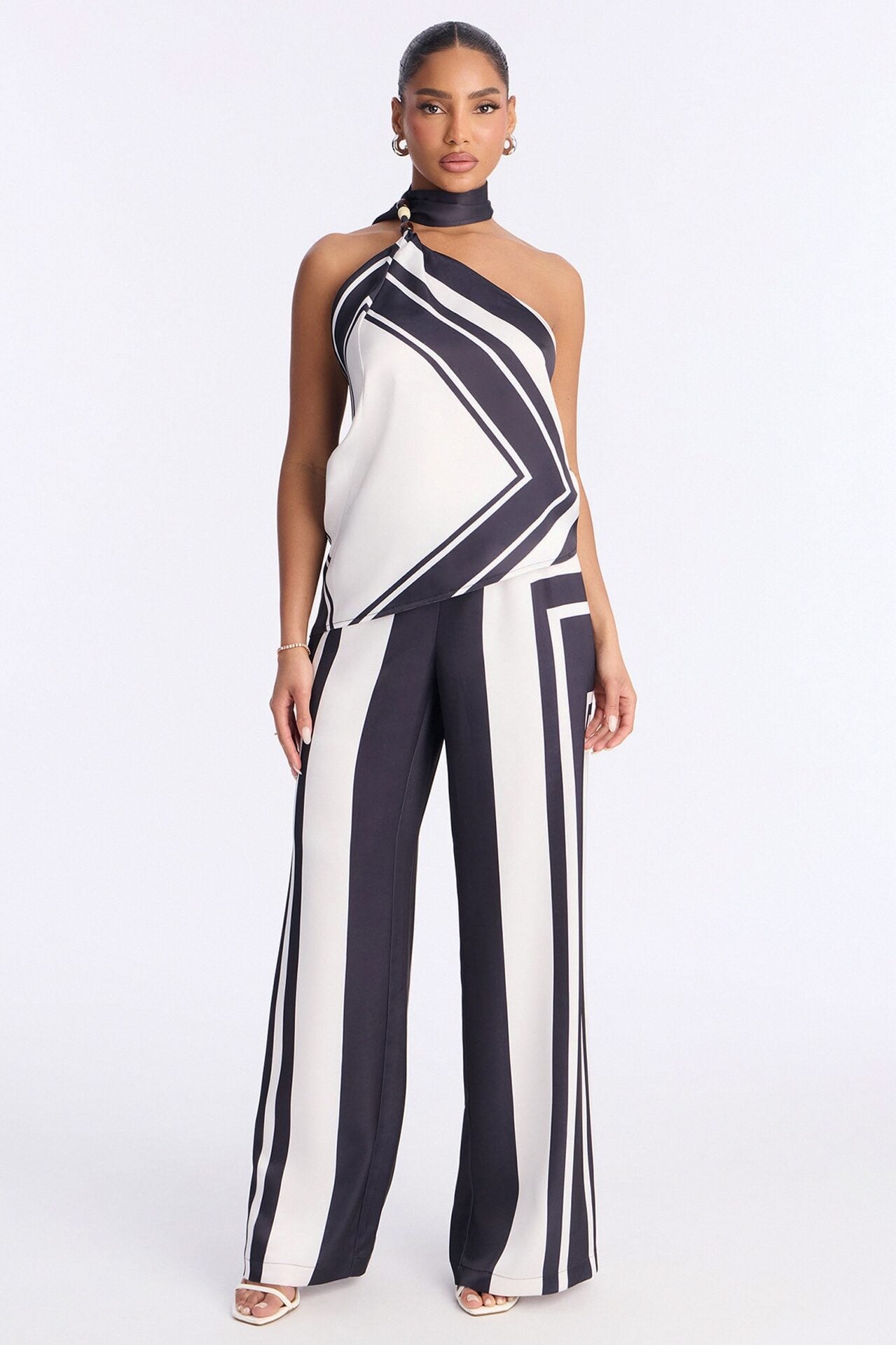 Madeline Satin Halter Pant Set - Black/White image 1