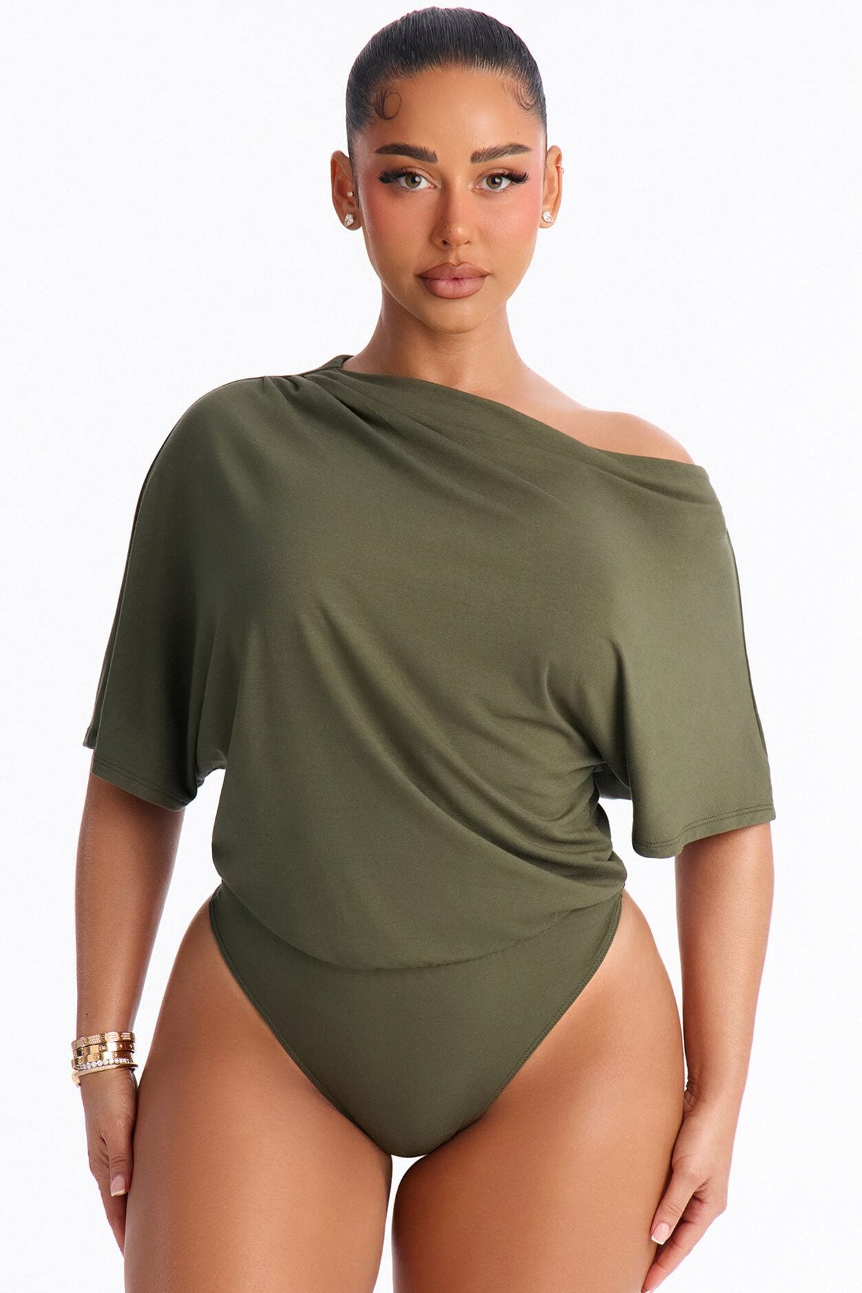 Flatter Me Off Shoulder Bodysuit - Olive image 1