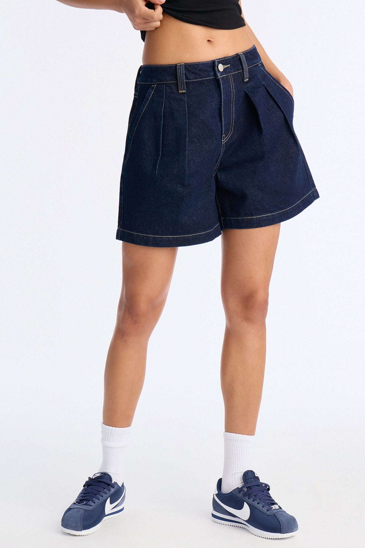 Night Borough Pleated Denim Shorts - Dark Wash image 1