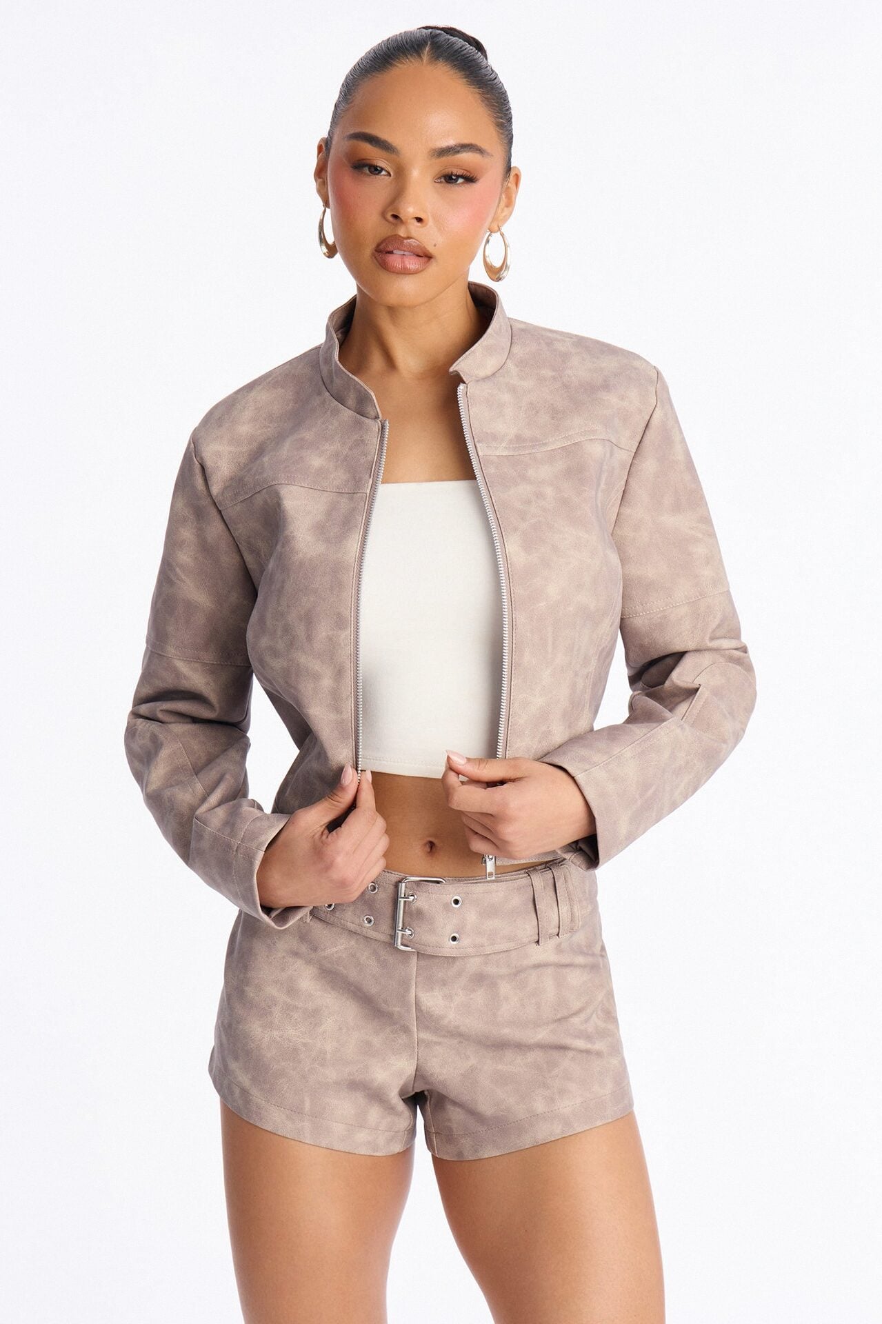 Simone Washed Faux Leather Jacket - Stone image 1