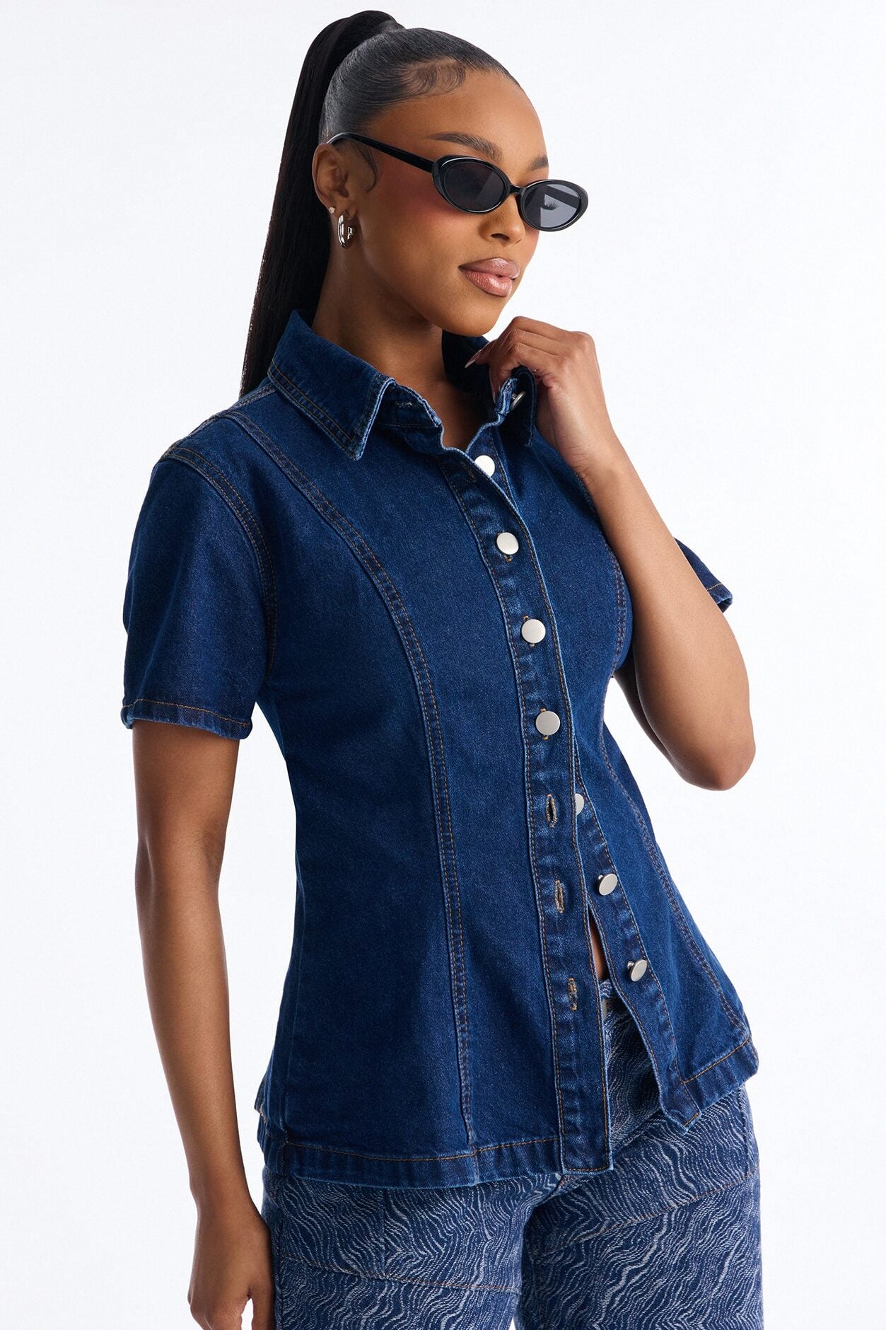 Nina Cinched Waist Denim Shirt - Indigo image 1