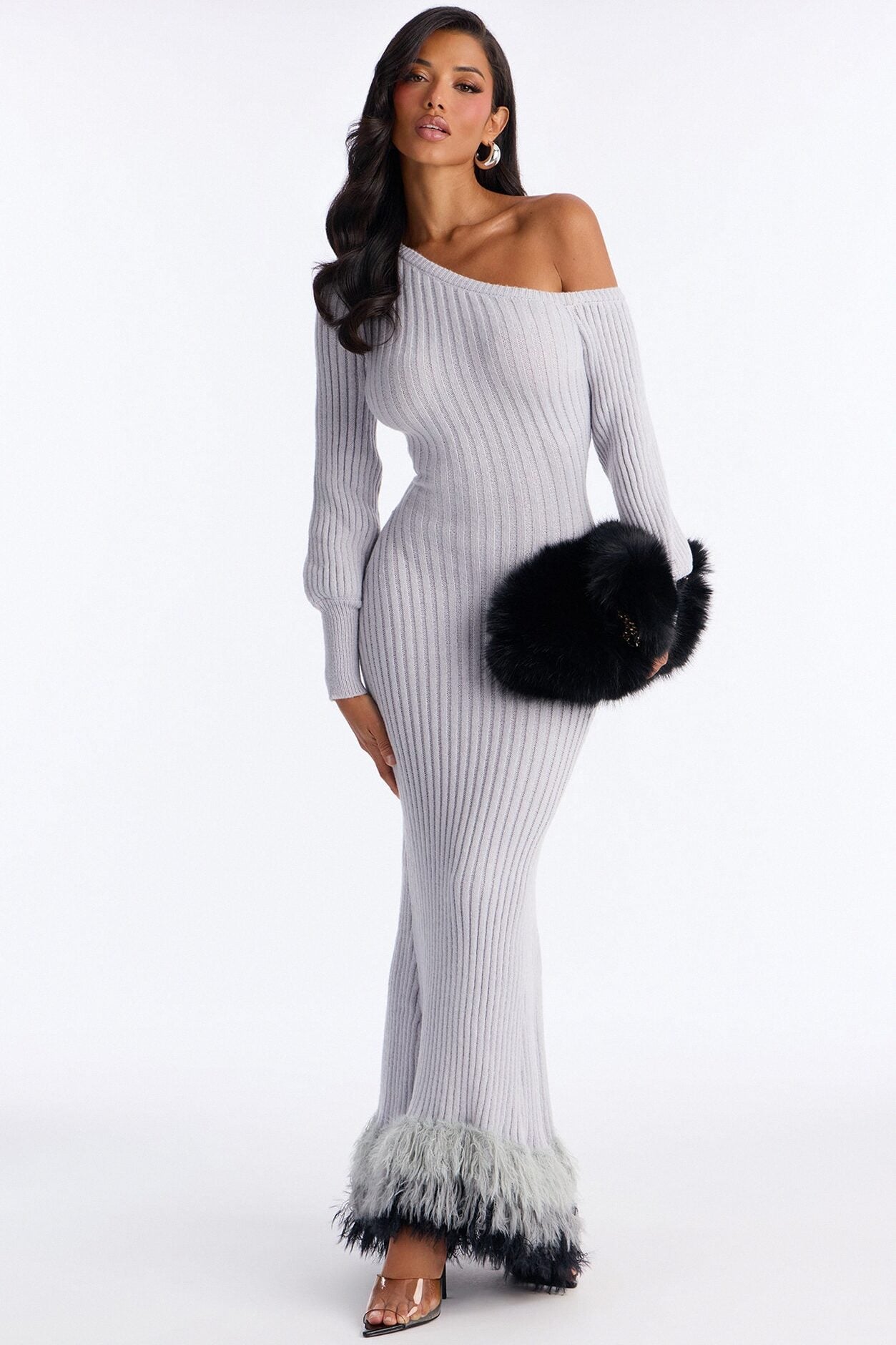 Stop And Stare Fur Trim Sweater Maxi Dress - Grey image 1