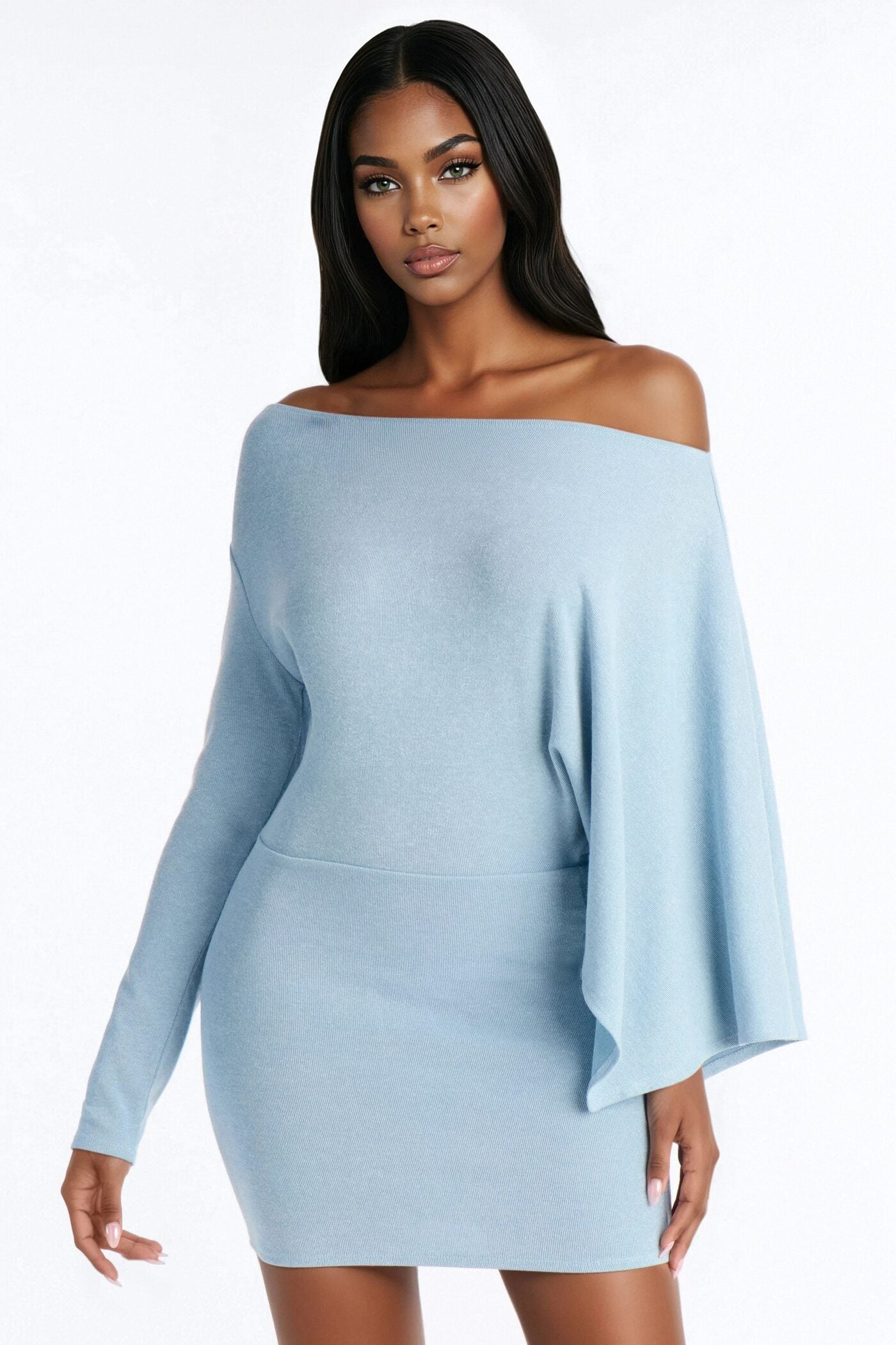 Alessia Off Shoulder Sweater Mini Dress - Dusty Blue image 1