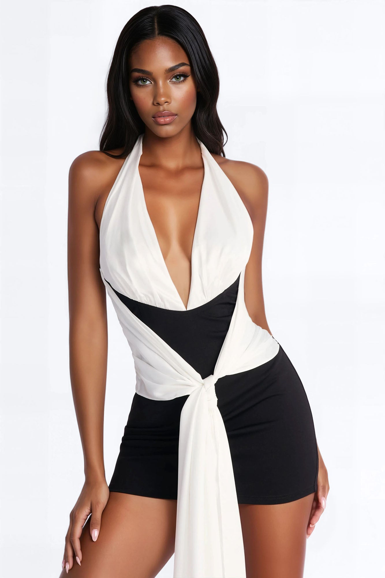 Levelle Halter Ponte Mini Dress - Black/White image 2