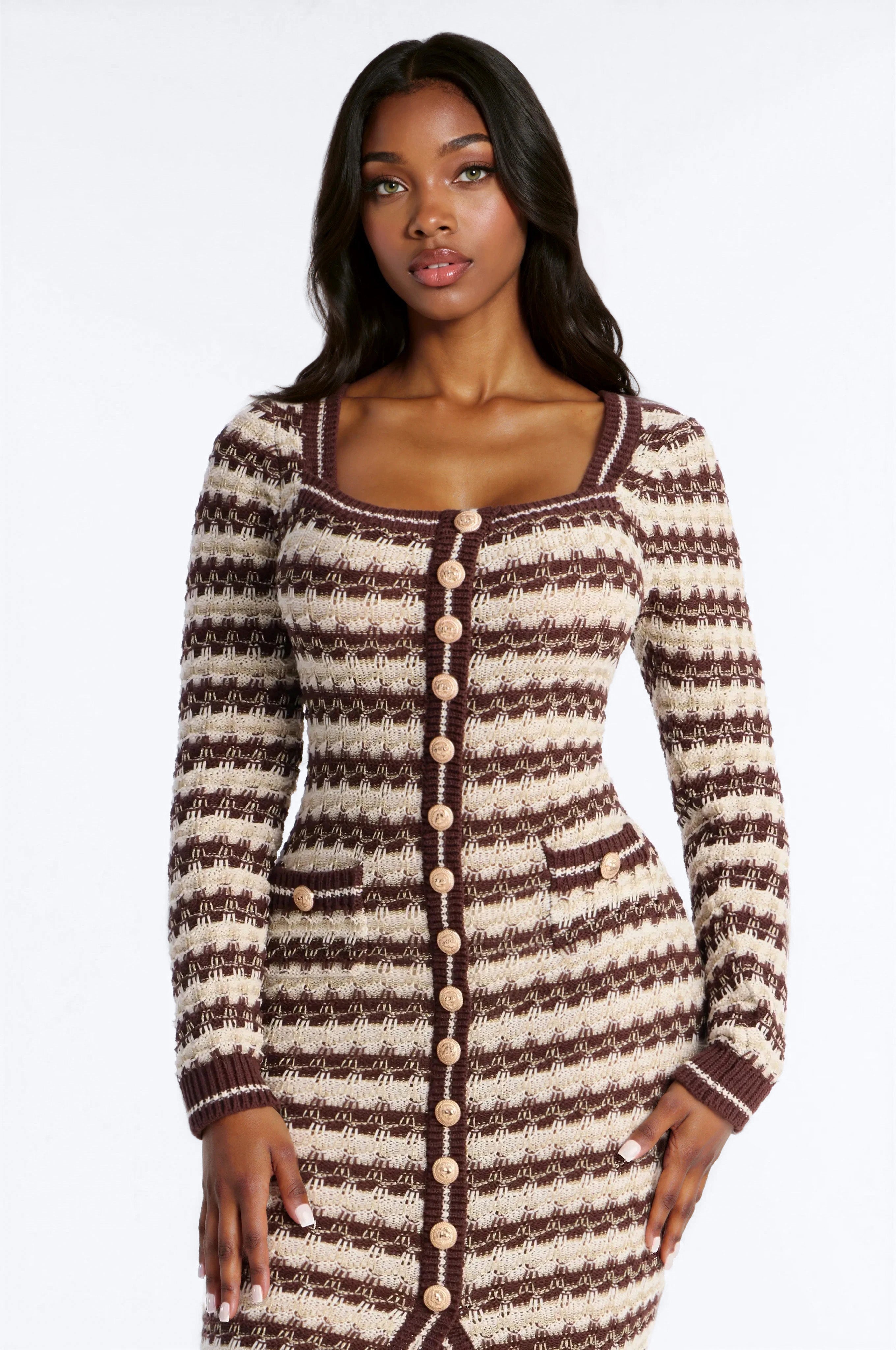 Hana Long Sleeve Sweater Midi Dress - Brown/combo image 2