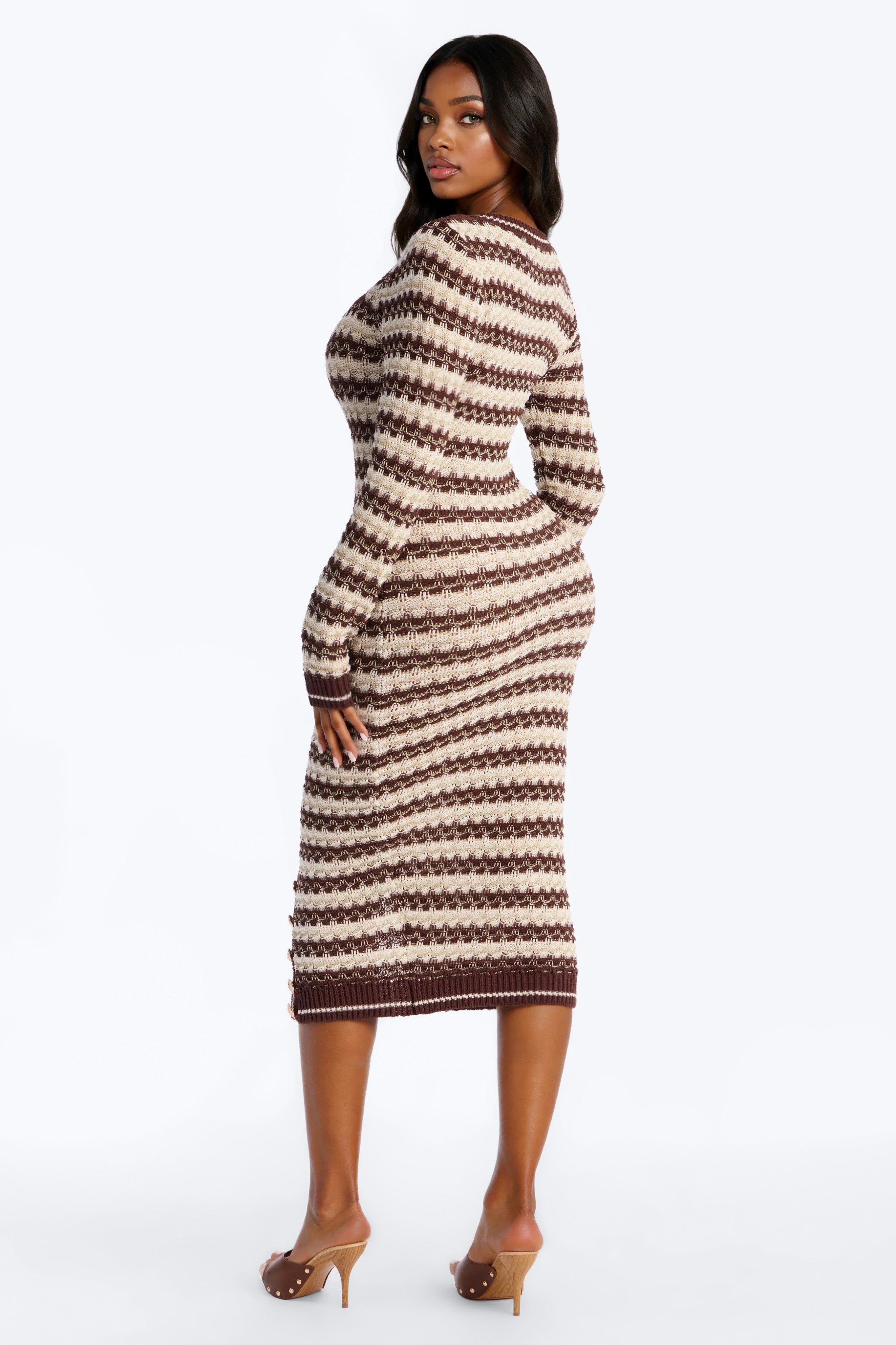 Hana Long Sleeve Sweater Midi Dress - Brown/combo image 4