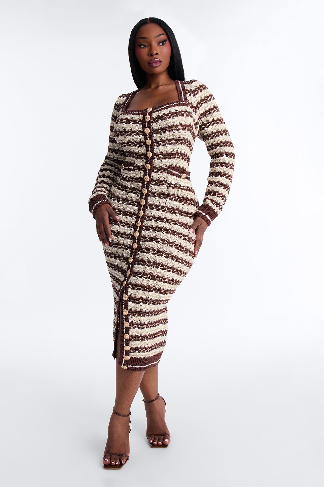 Hana Long Sleeve Sweater Midi Dress - Brown/combo image 5