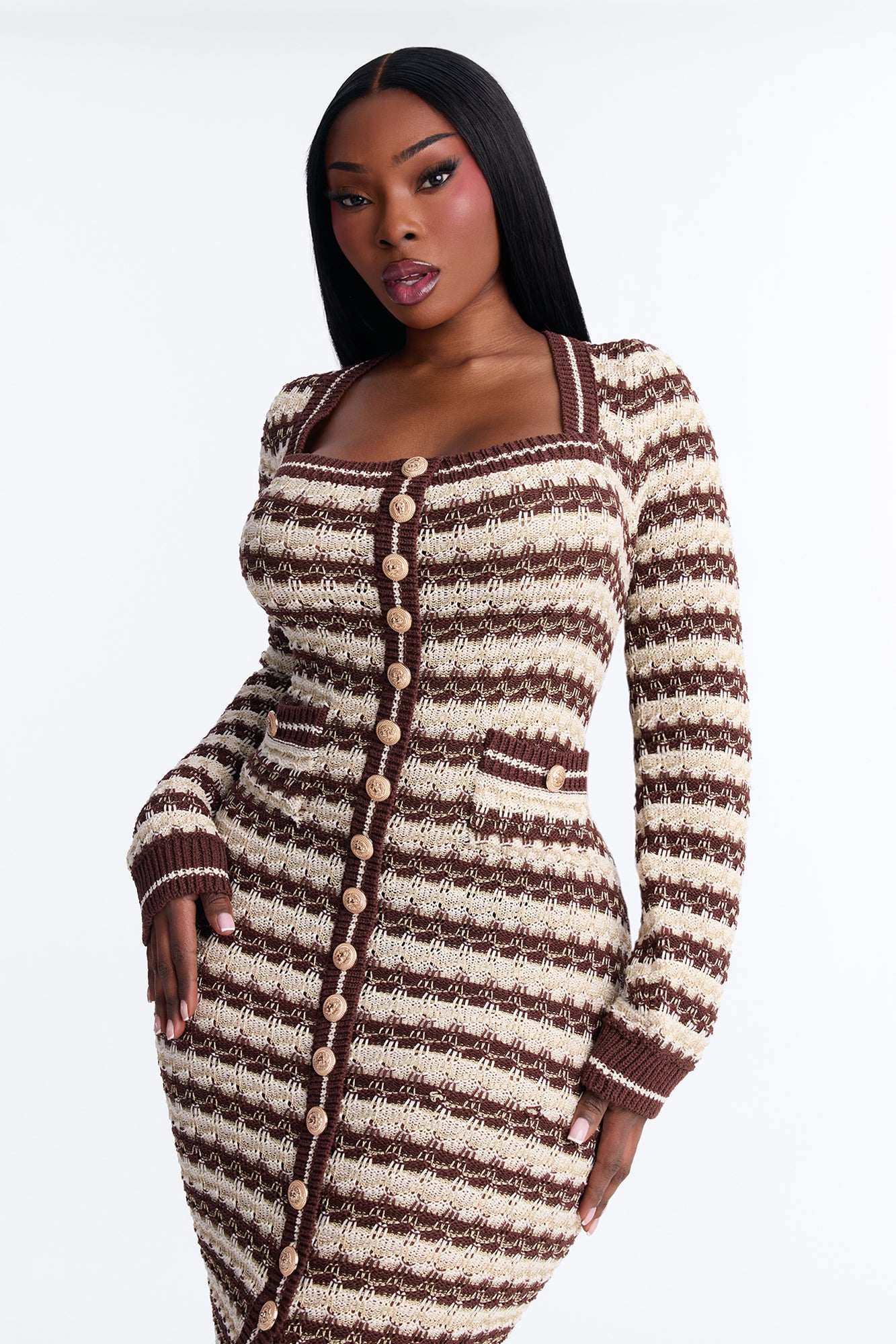 Hana Long Sleeve Sweater Midi Dress - Brown/combo image 6