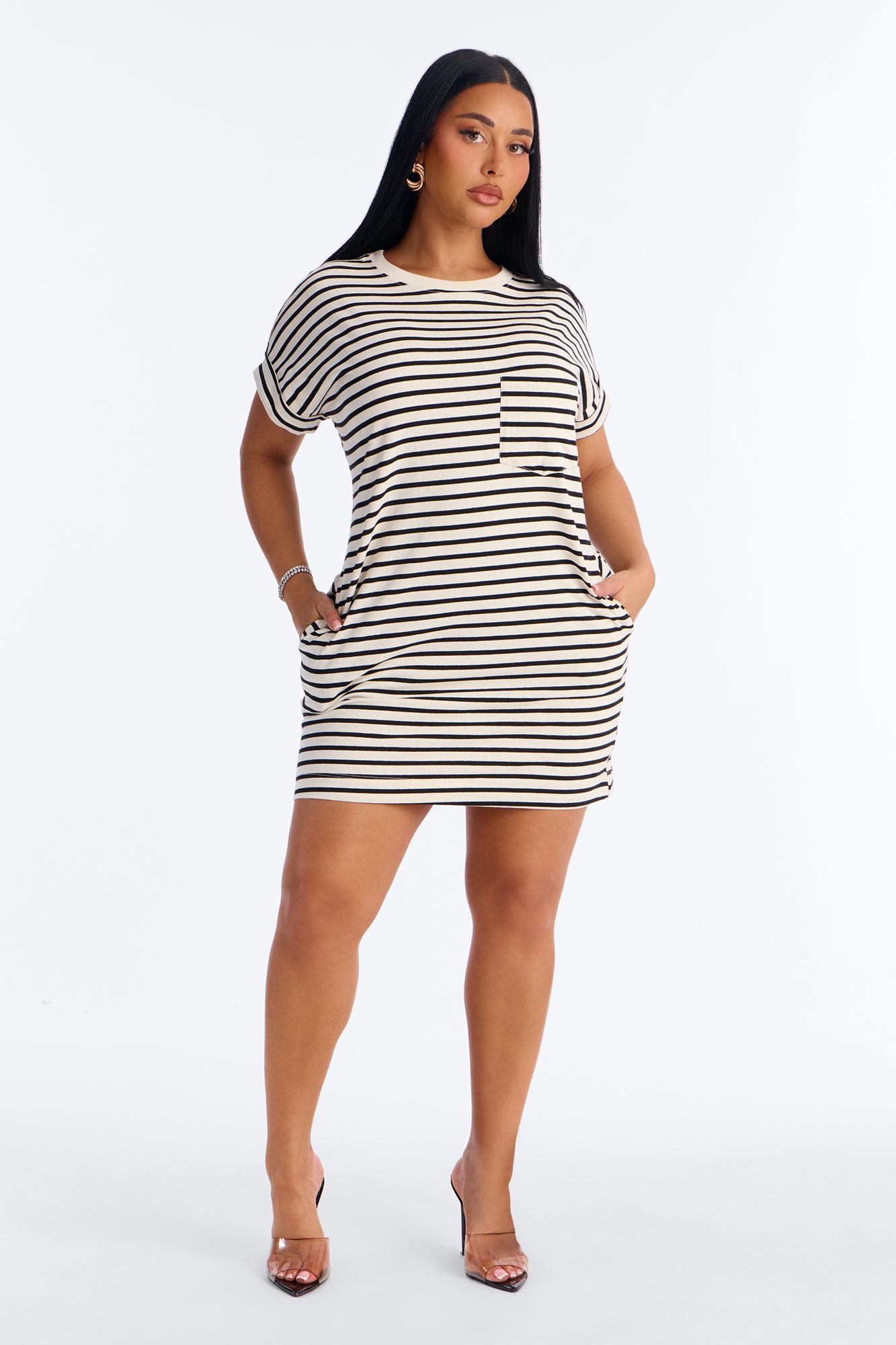 Raelynn Short Sleeve Cotton Shirt Mini Dress - Black/White image 2