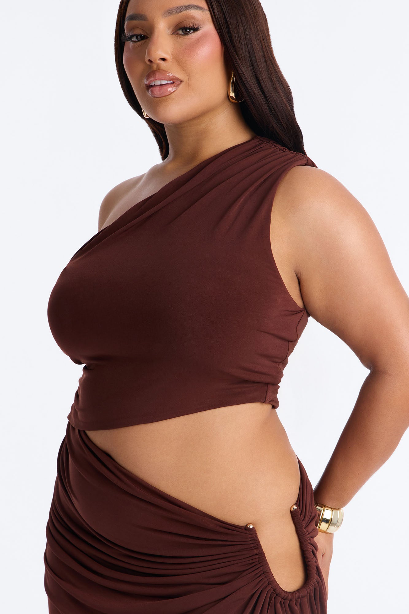 City Pulse One Shoulder Midi Dress - Chocolate image 7