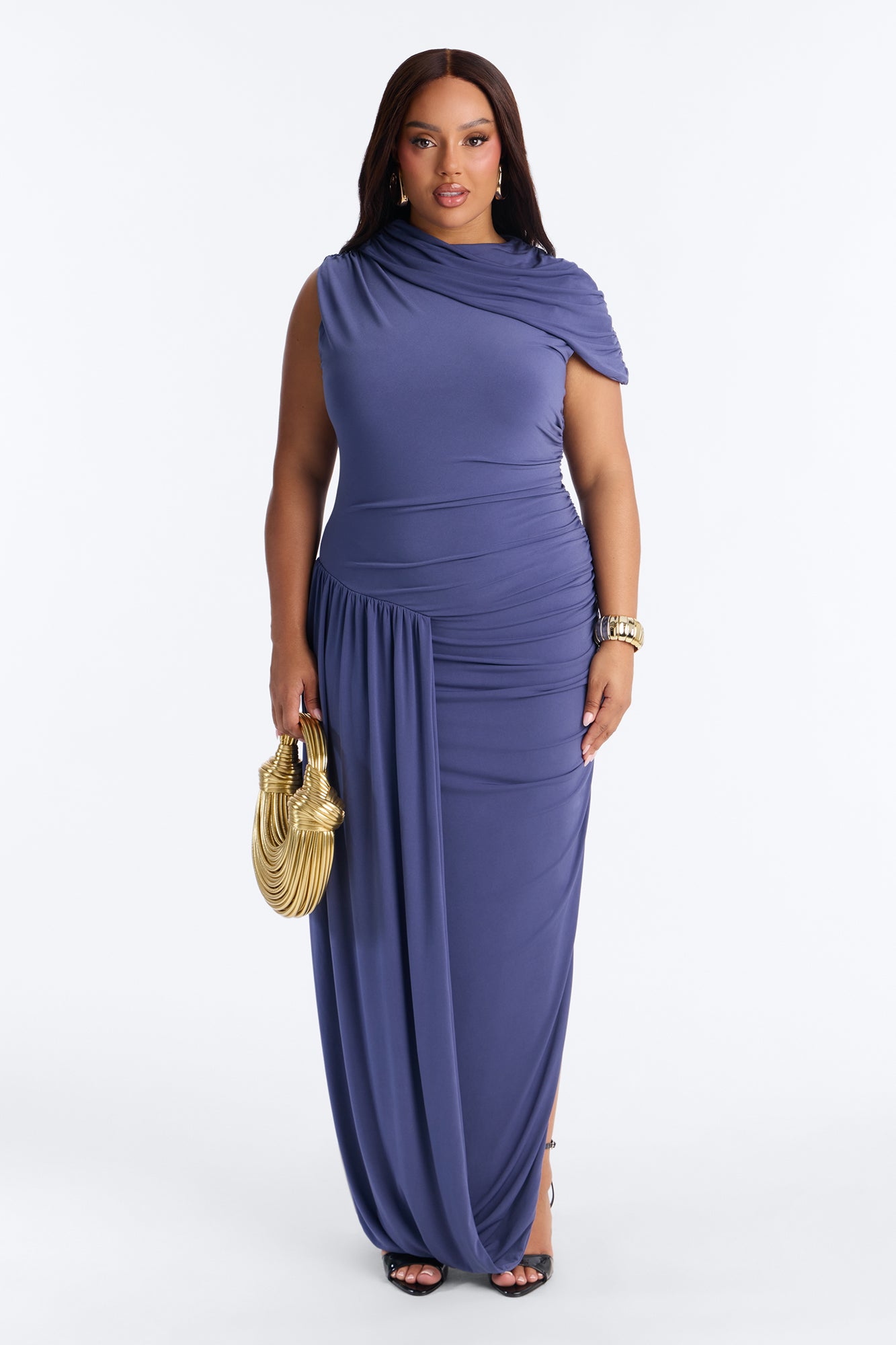 On Her Terms Draped Midi Dress - Dusty Blue image 5