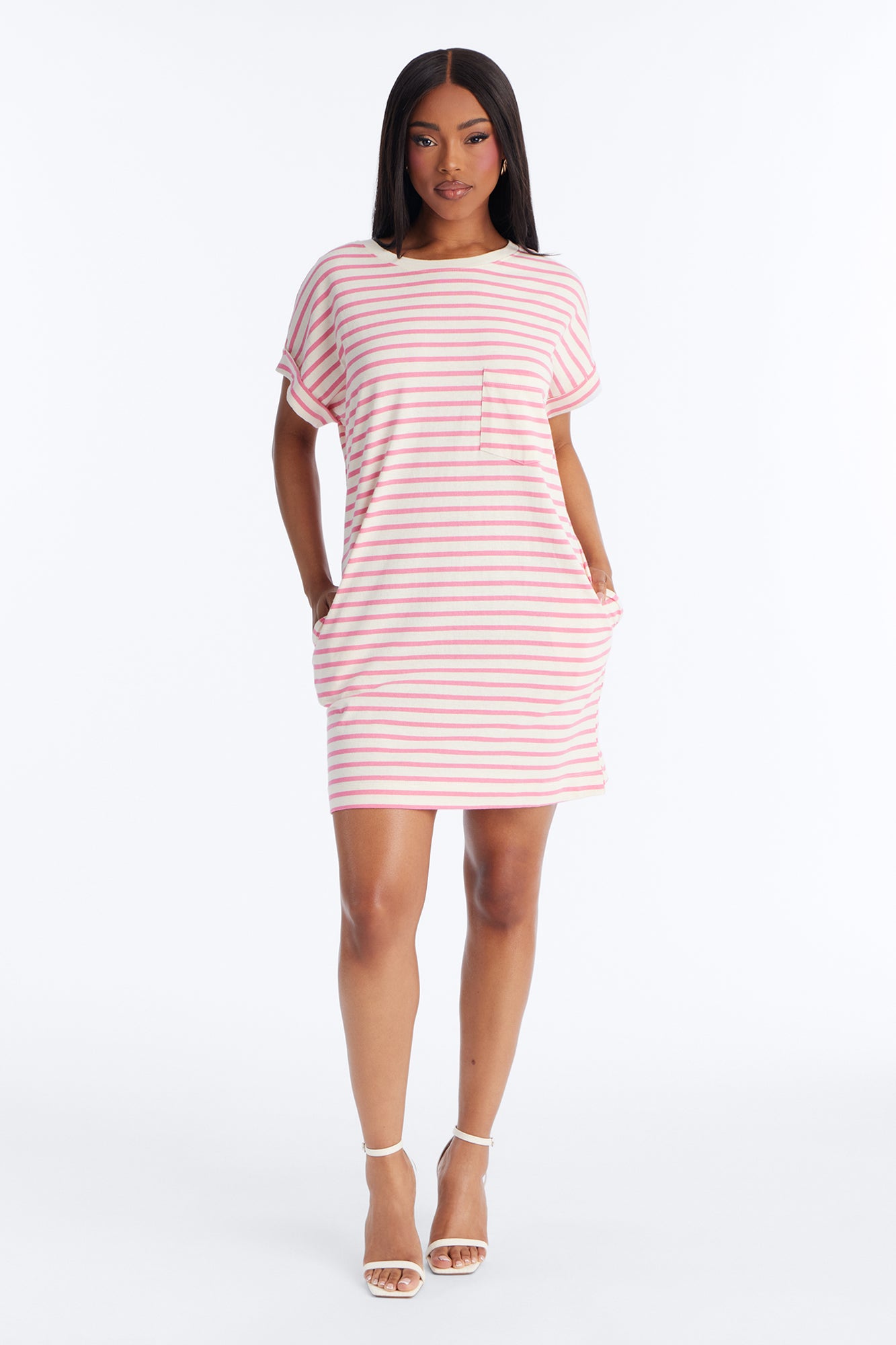 Raelynn Short Sleeve Cotton Shirt Mini Dress - White/Pink