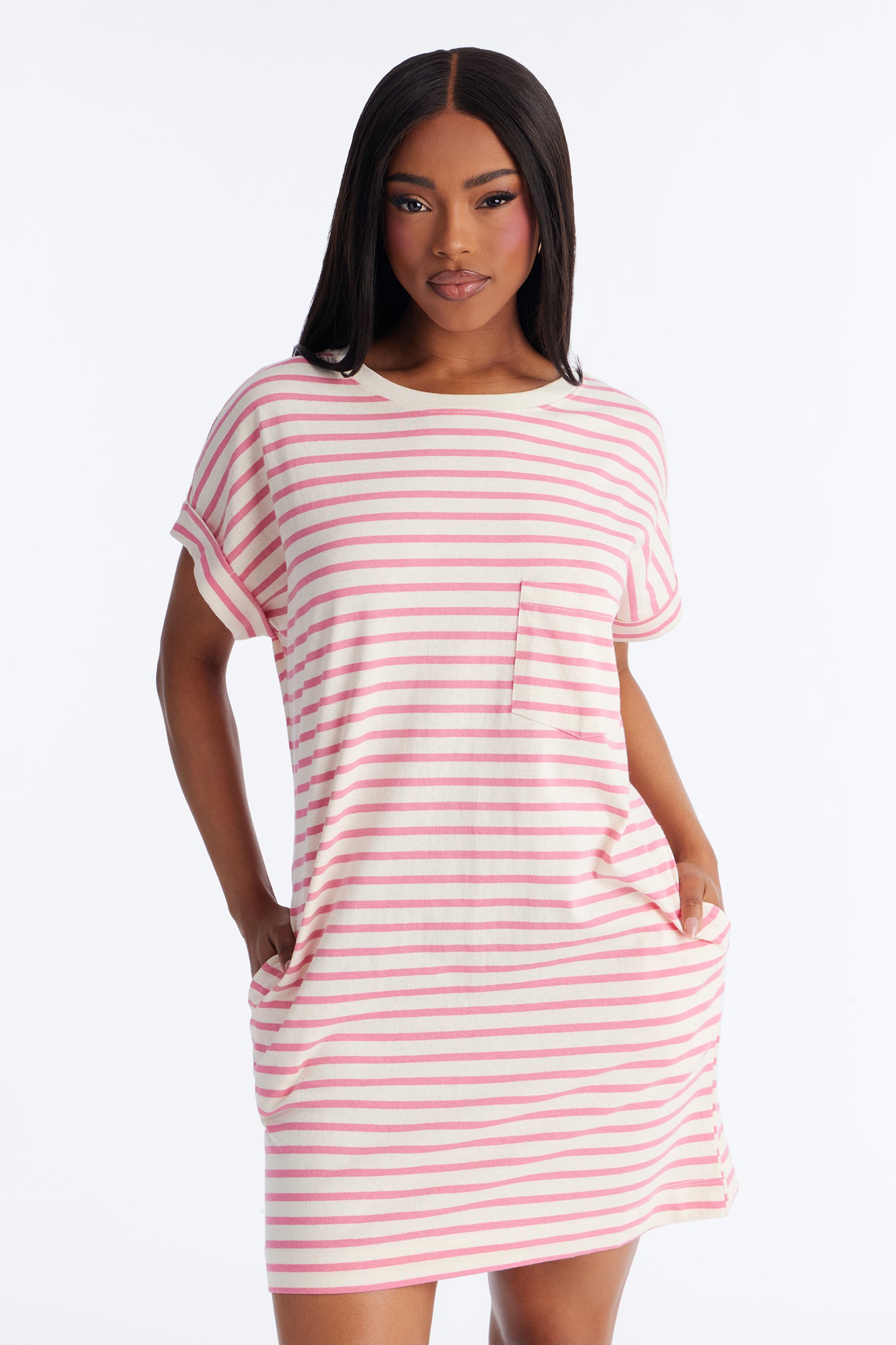 Raelynn Short Sleeve Cotton Shirt Mini Dress - White/Pink image 2