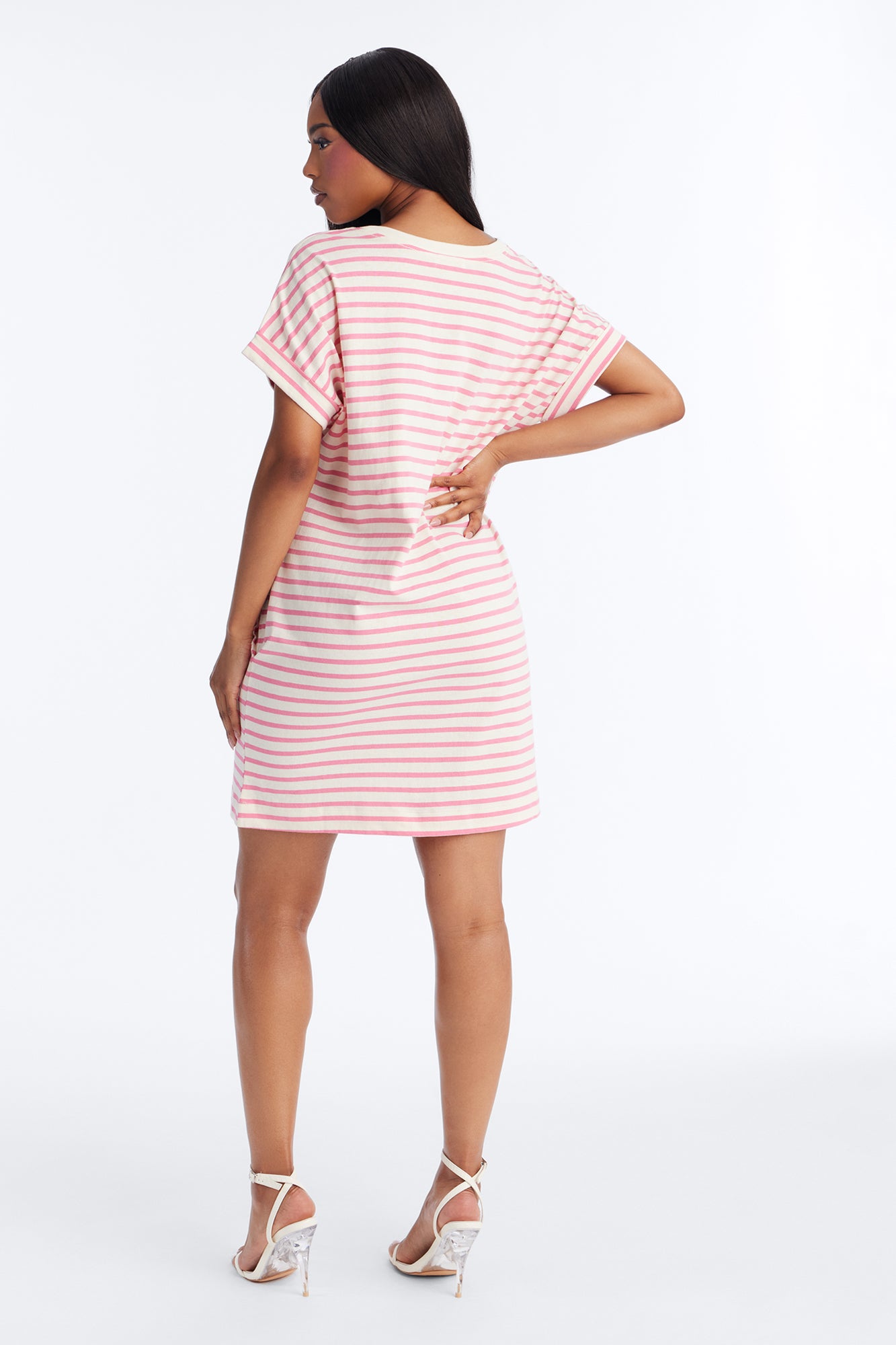 Raelynn Short Sleeve Cotton Shirt Mini Dress - White/Pink image 3