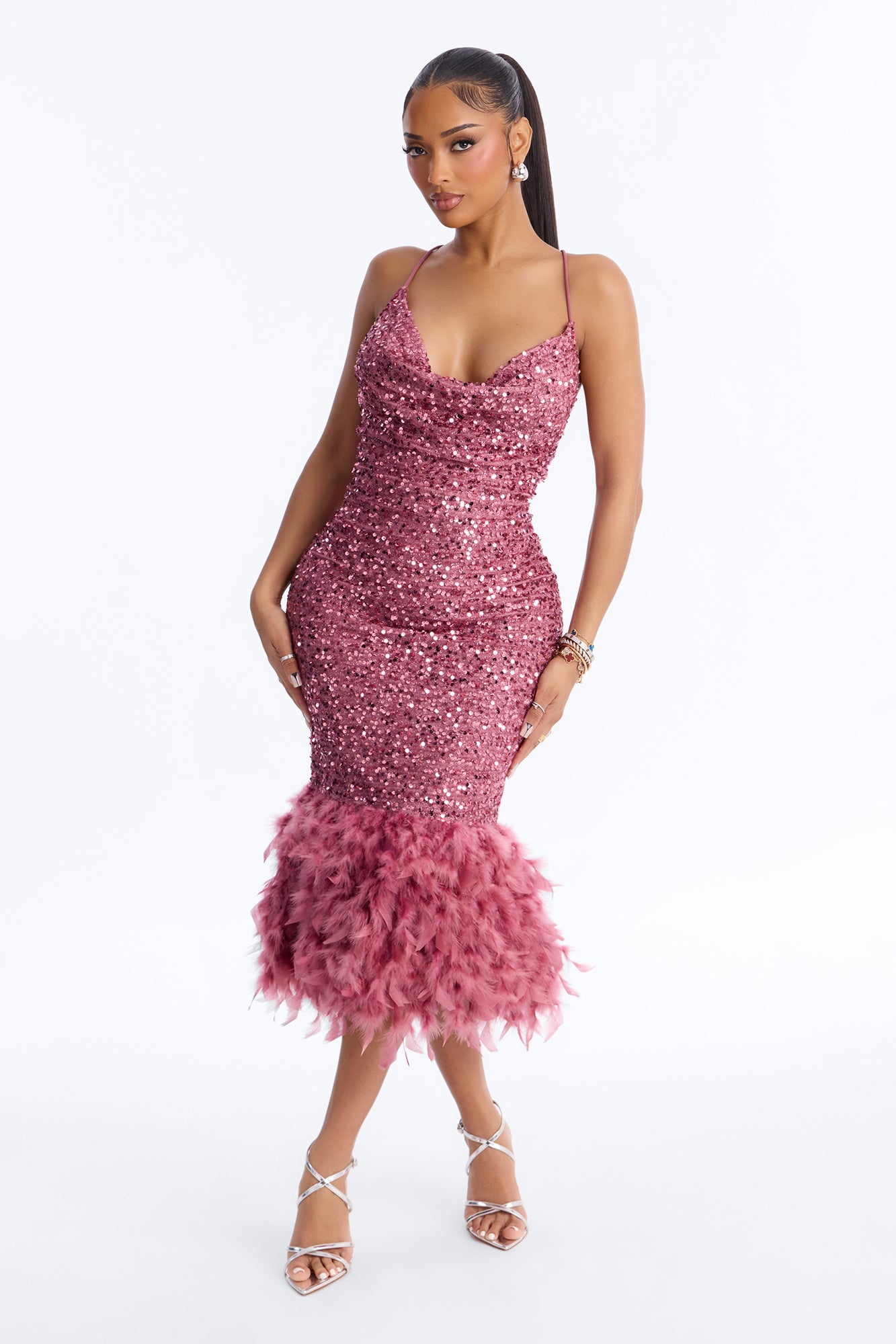 Zoey Feathered Sequin Midi Dress - Mauve image 2